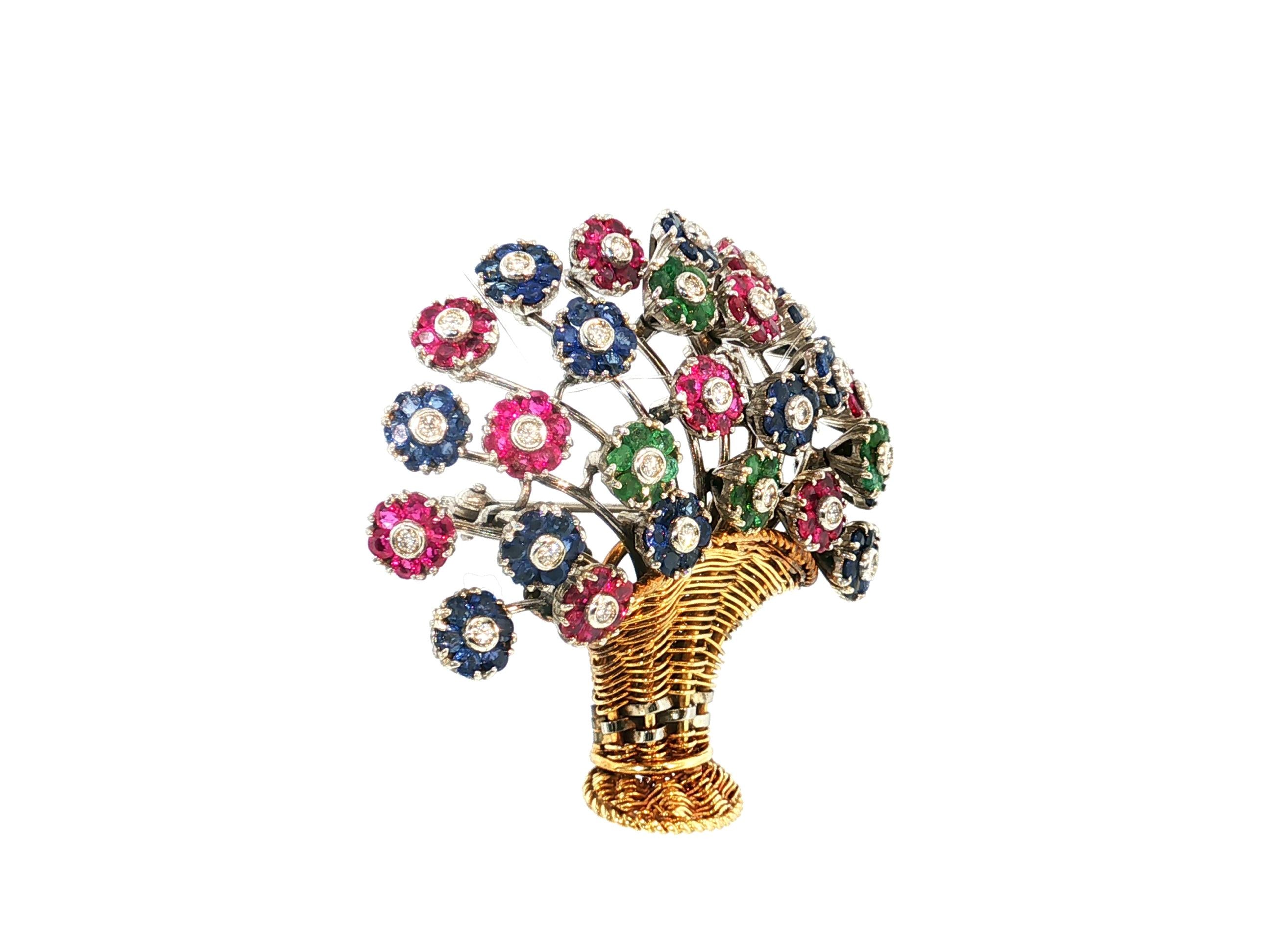18K Two Tone Gold Pin Brooch 0.55 Carat Round H VS Diamonds & Multi Gemstones