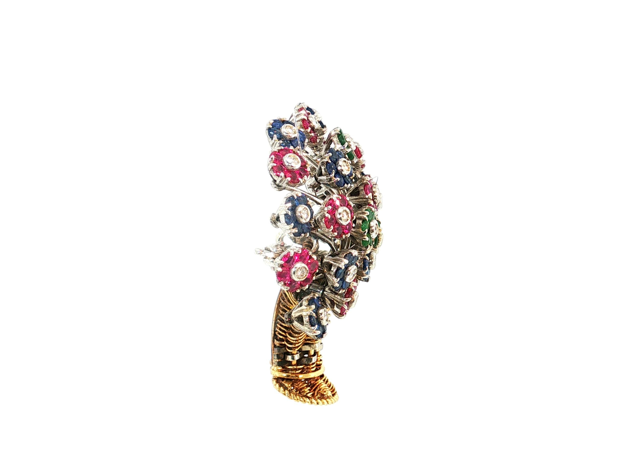 18K Two Tone Gold Pin Brooch 0.55 Carat Round H VS Diamonds & Multi Gemstones