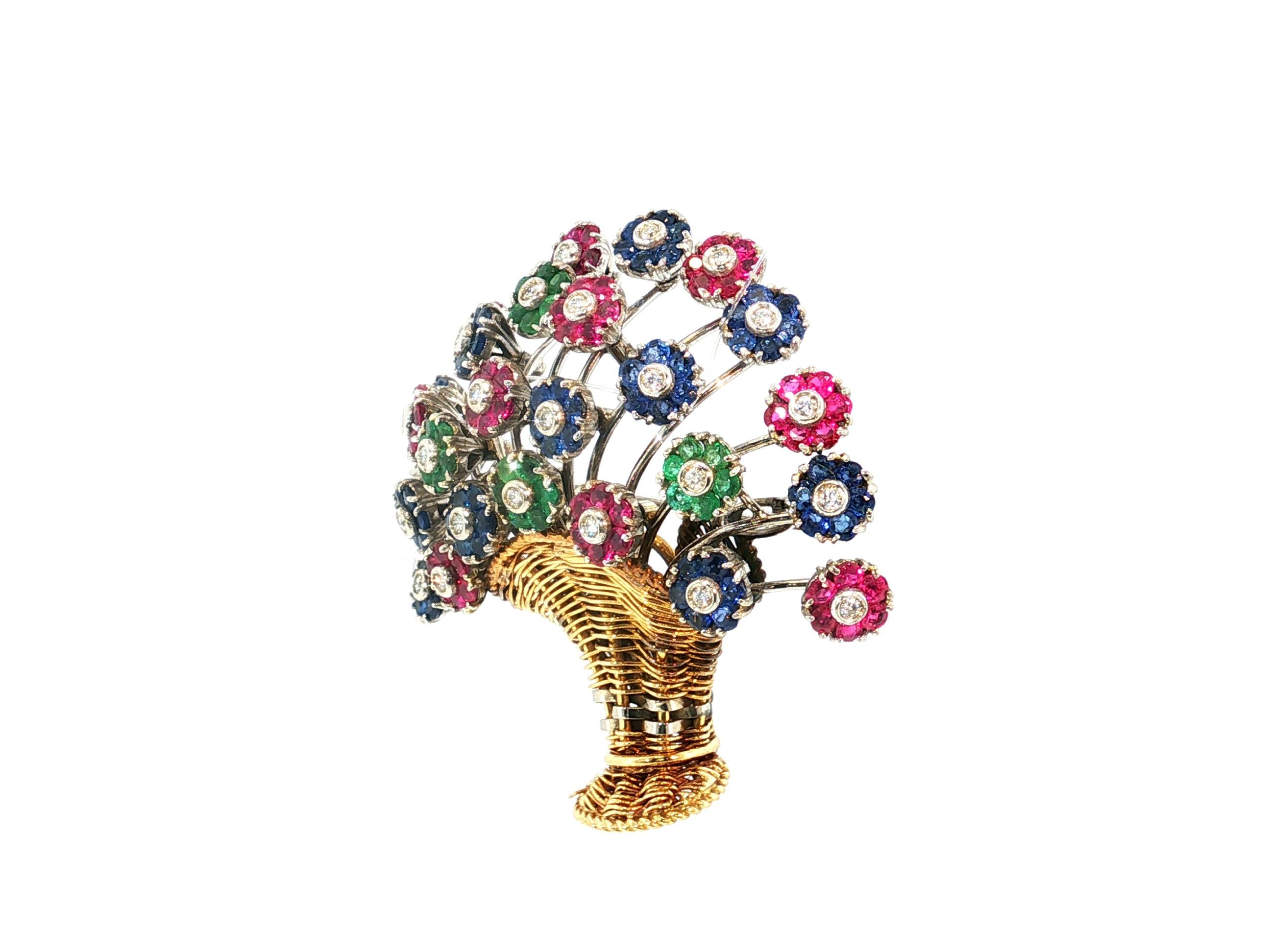 18K Two Tone Gold Pin Brooch 0.55 Carat Round H VS Diamonds & Multi Gemstones