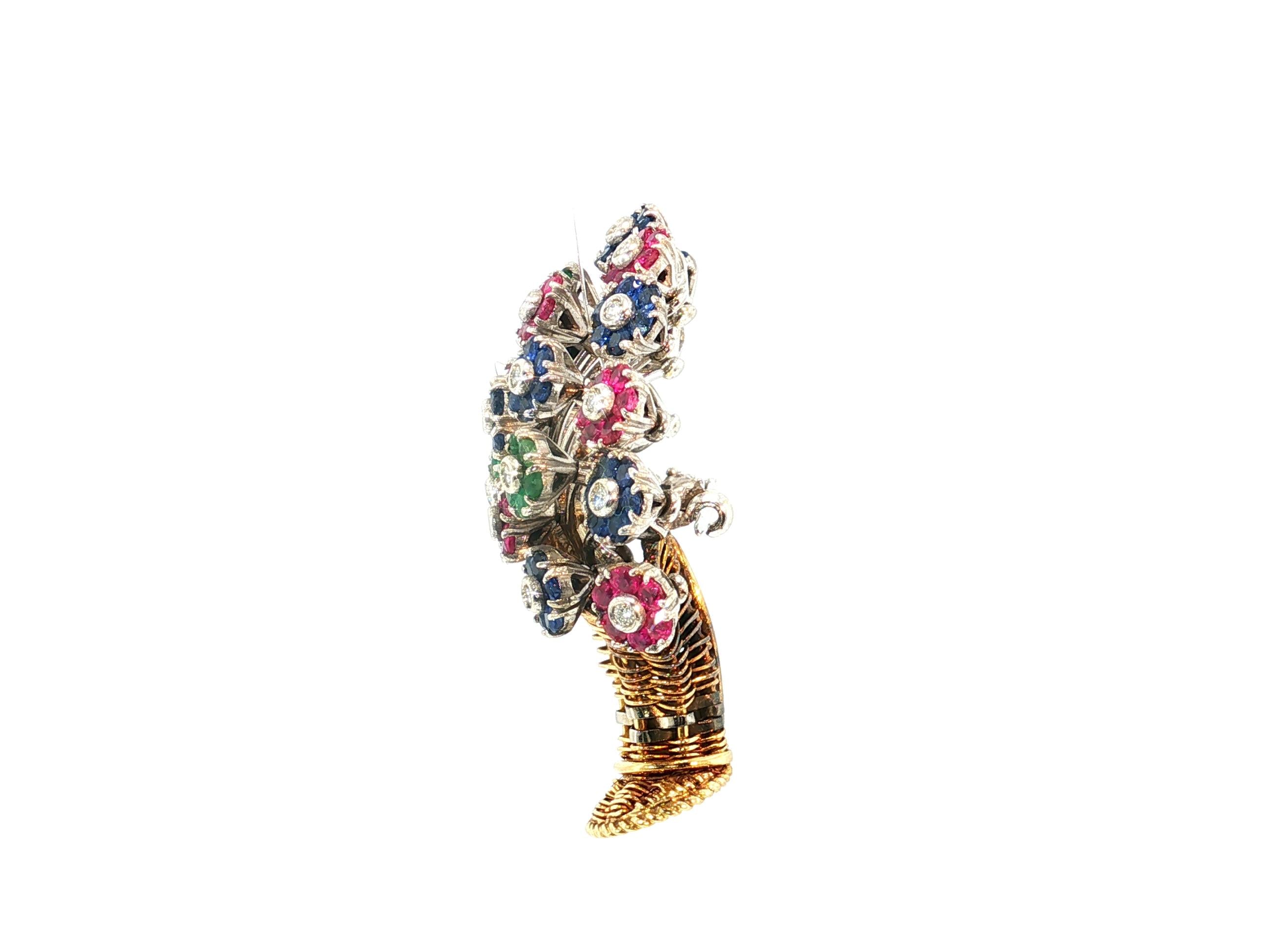 18K Two Tone Gold Pin Brooch 0.55 Carat Round H VS Diamonds & Multi Gemstones