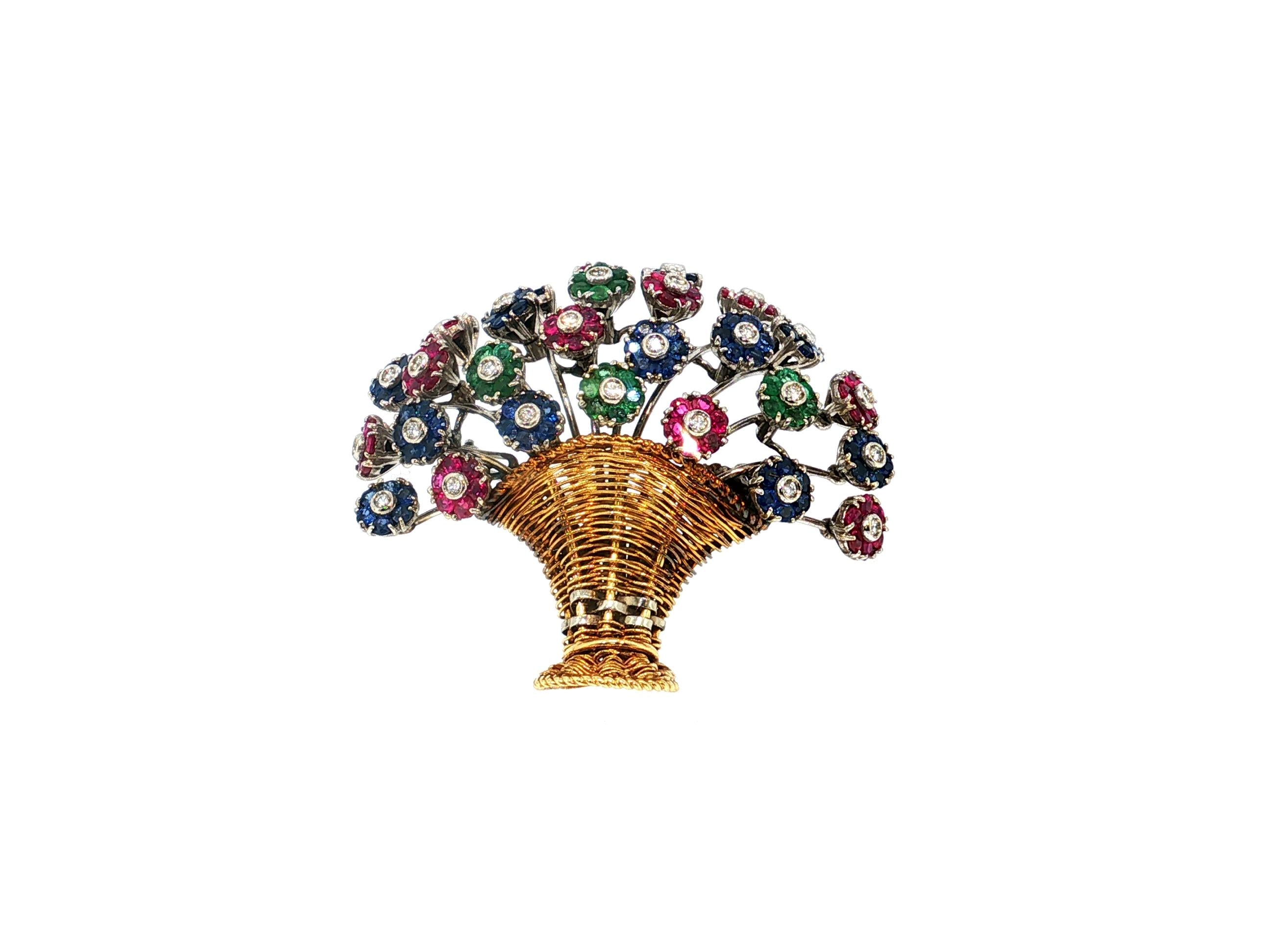 18K Two Tone Gold Pin Brooch 0.55 Carat Round H VS Diamonds & Multi Gemstones