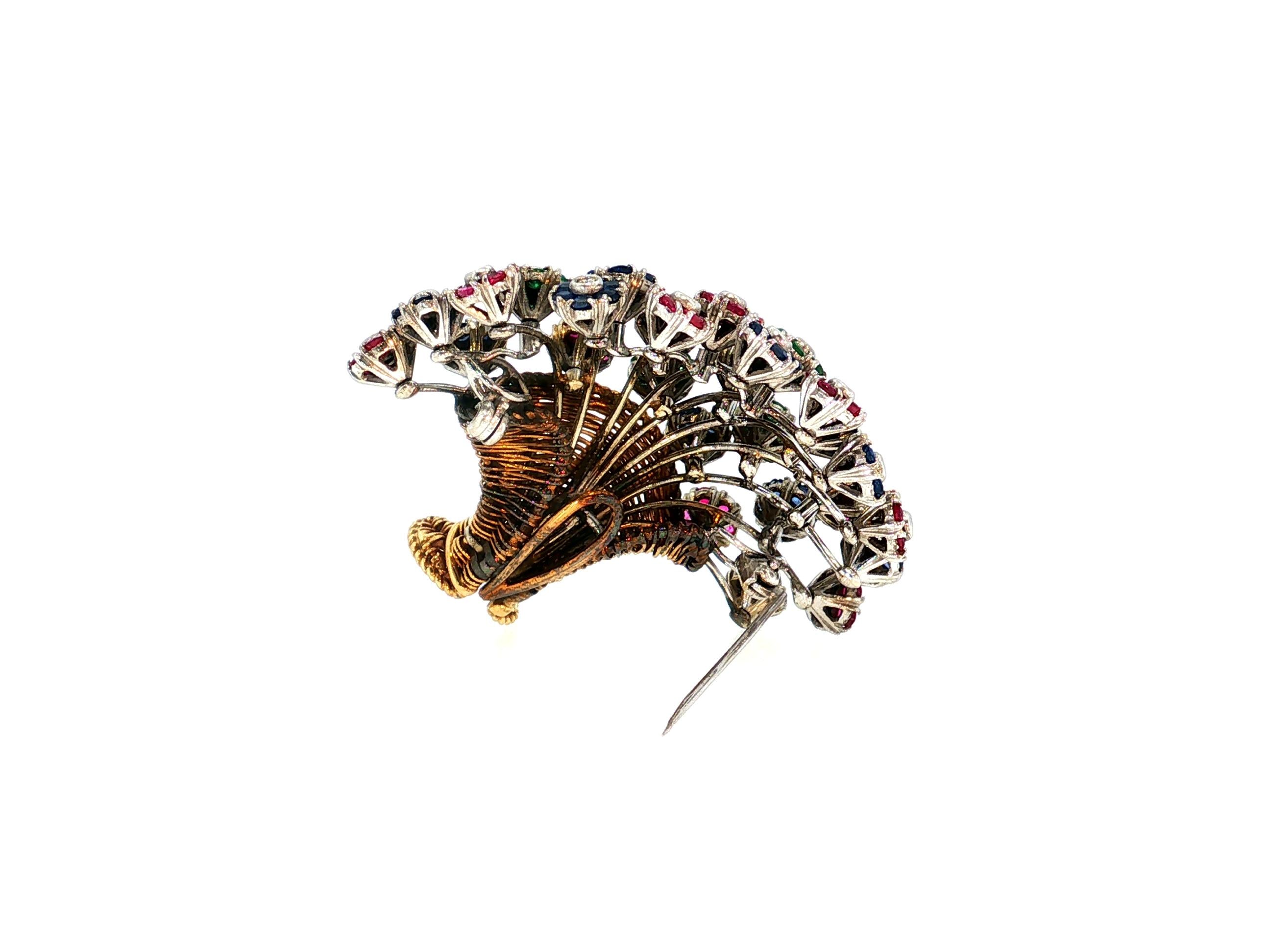 18K Two Tone Gold Pin Brooch 0.55 Carat Round H VS Diamonds & Multi Gemstones
