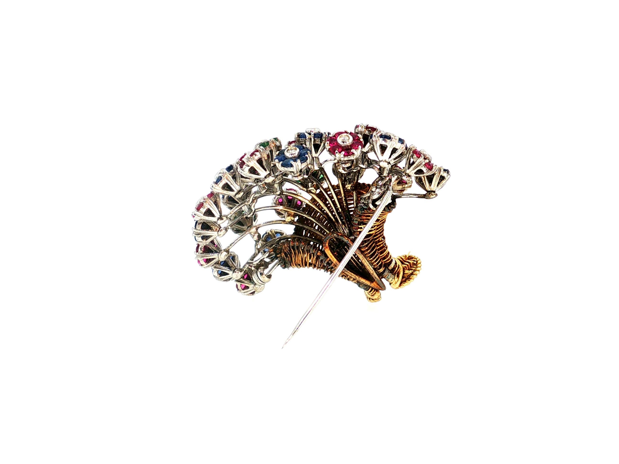 18K Two Tone Gold Pin Brooch 0.55 Carat Round H VS Diamonds & Multi Gemstones