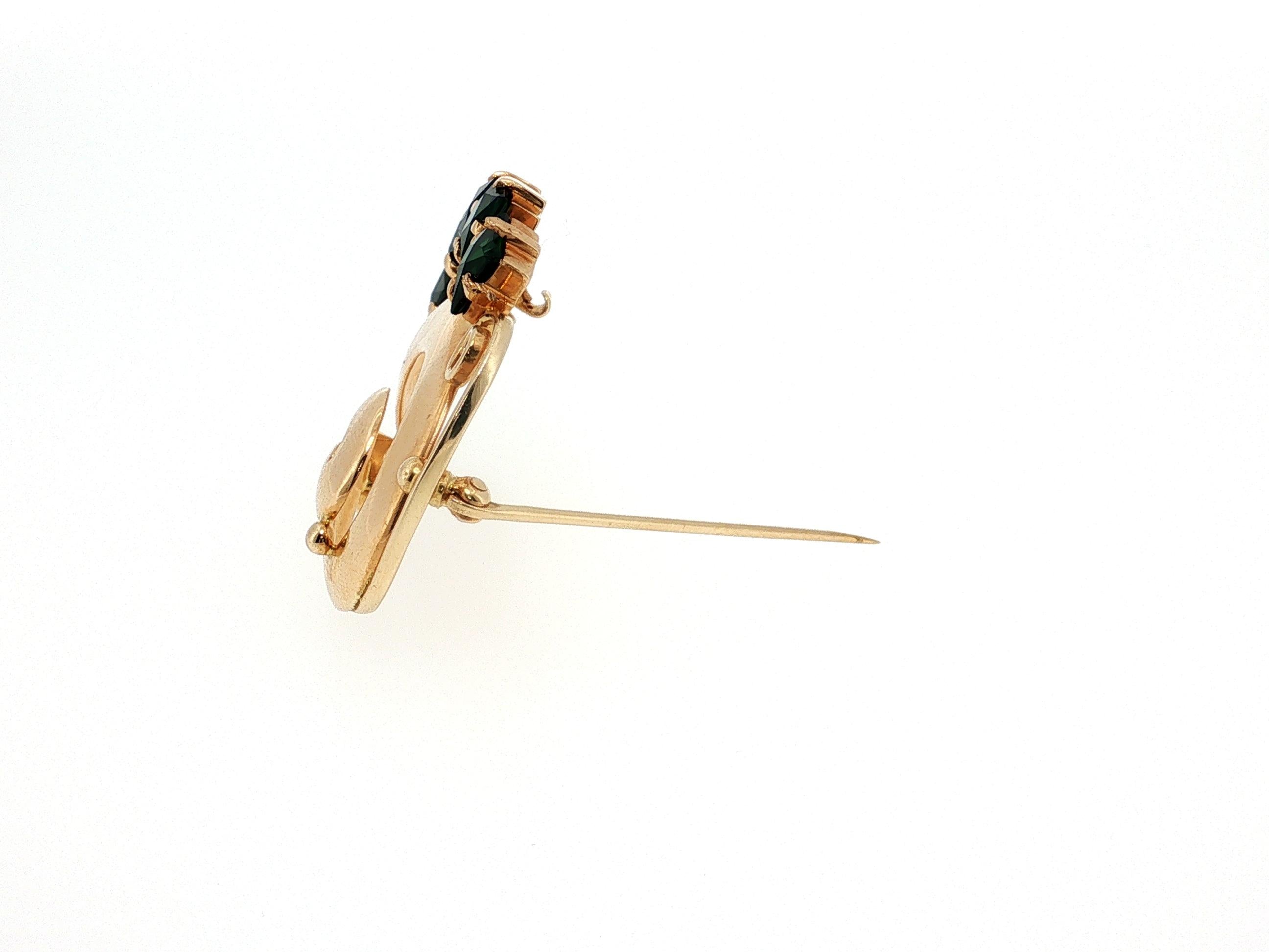 Vintage 14K Yellow Gold Pin Brooch with 5.75 Carat Tourmaline Gemstones