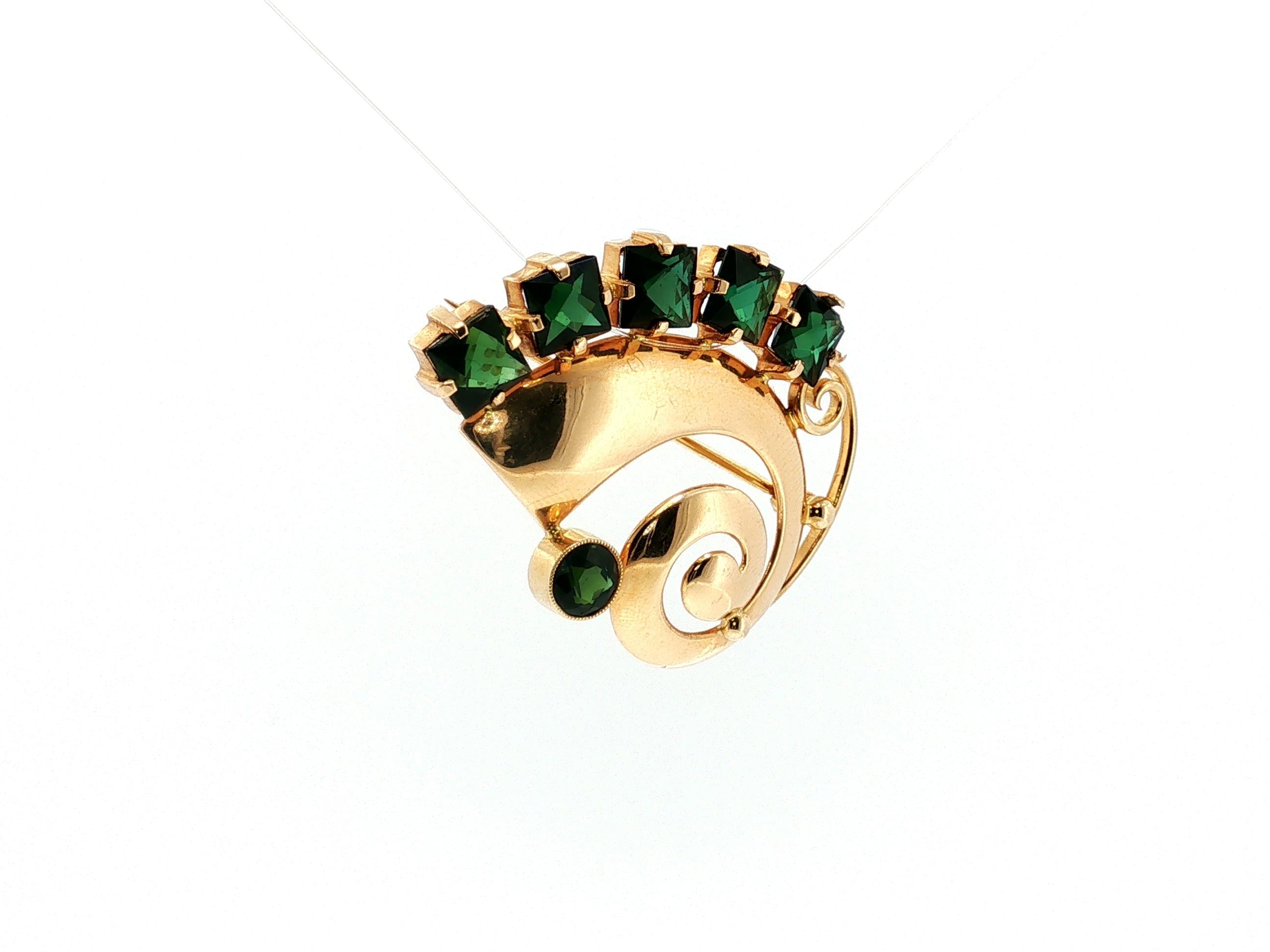 Vintage 14K Yellow Gold Pin Brooch with 5.75 Carat Tourmaline Gemstones