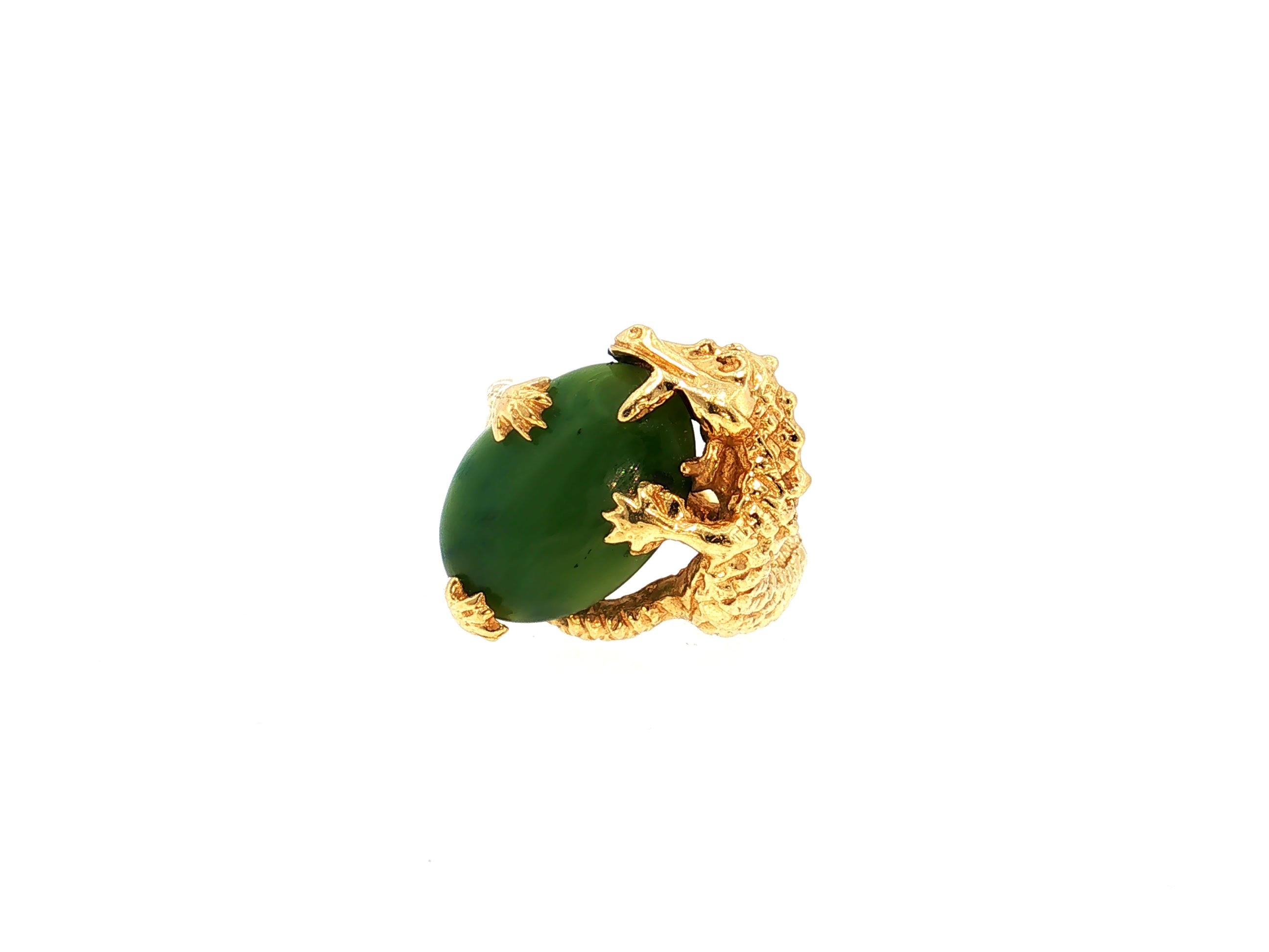 Vintage 14K Yellow Gold Cocktail Ring with 12.7x17.3mm Nephrite Jade Size 7