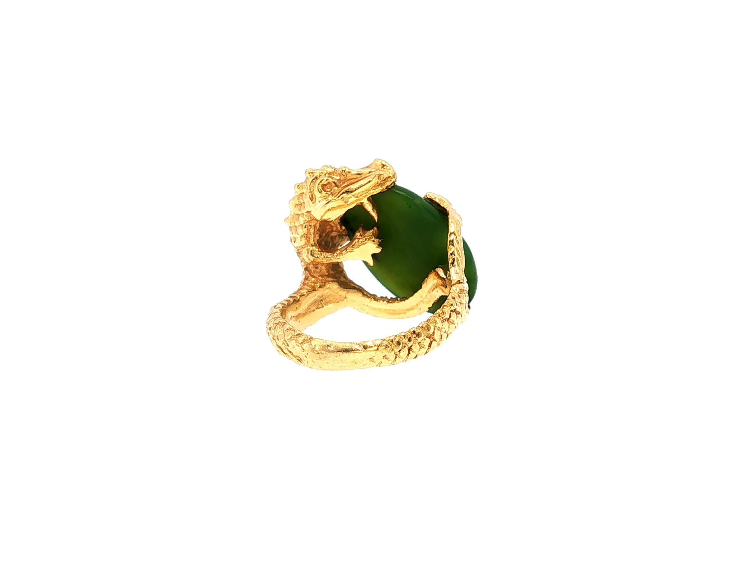 Vintage 14K Yellow Gold Cocktail Ring with 12.7x17.3mm Nephrite Jade Size 7