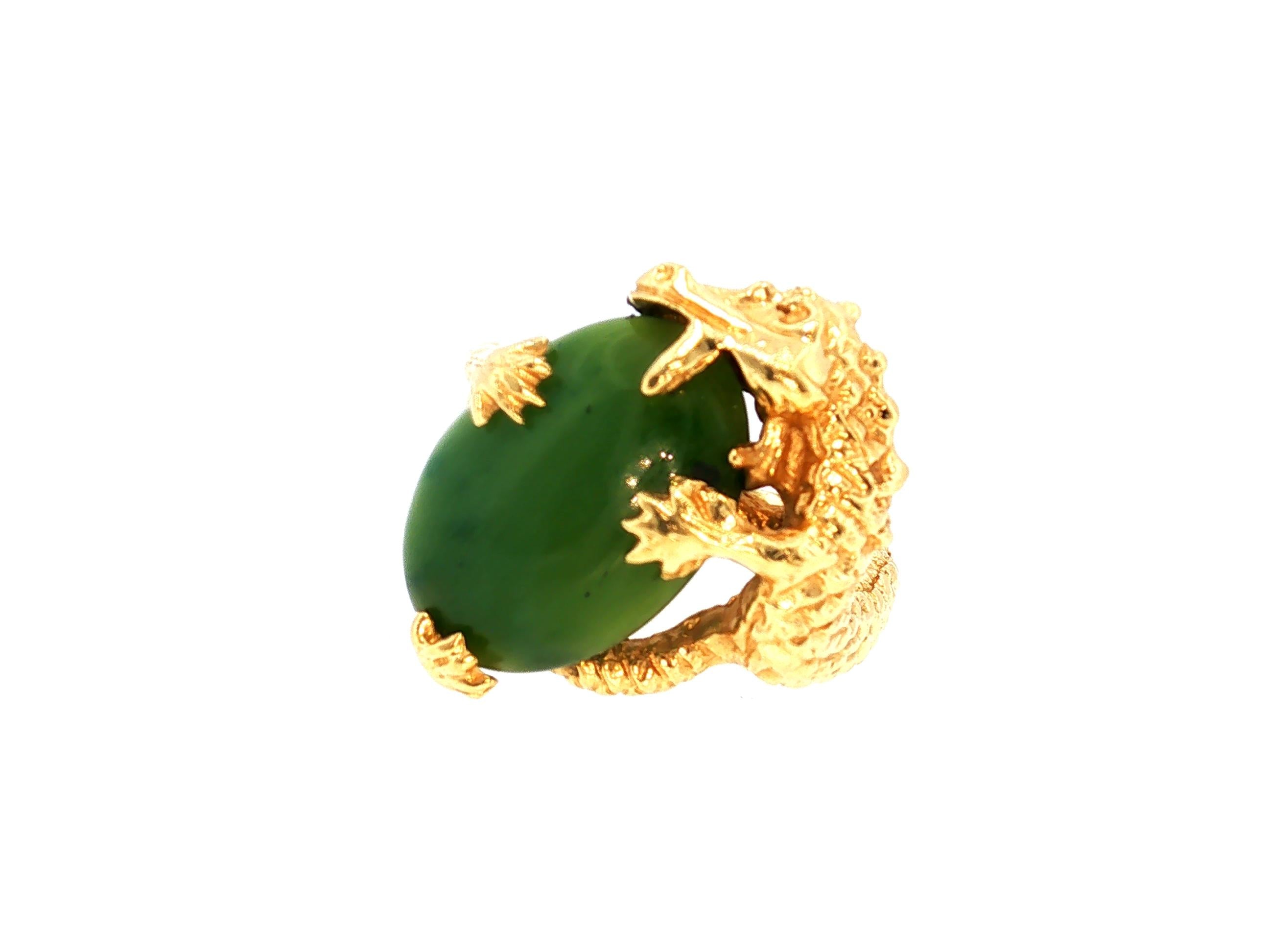 Vintage 14K Yellow Gold Cocktail Ring with 12.7x17.3mm Nephrite Jade Size 7