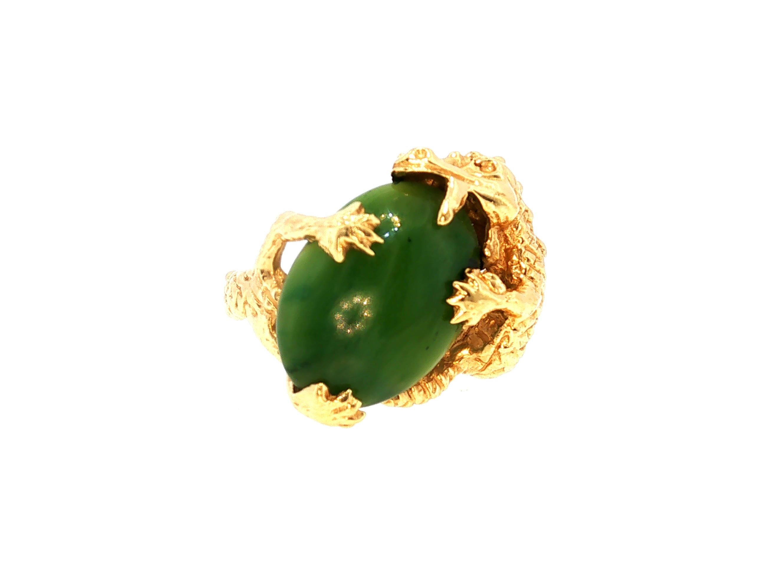 Vintage 14K Yellow Gold Cocktail Ring with 12.7x17.3mm Nephrite Jade Size 7