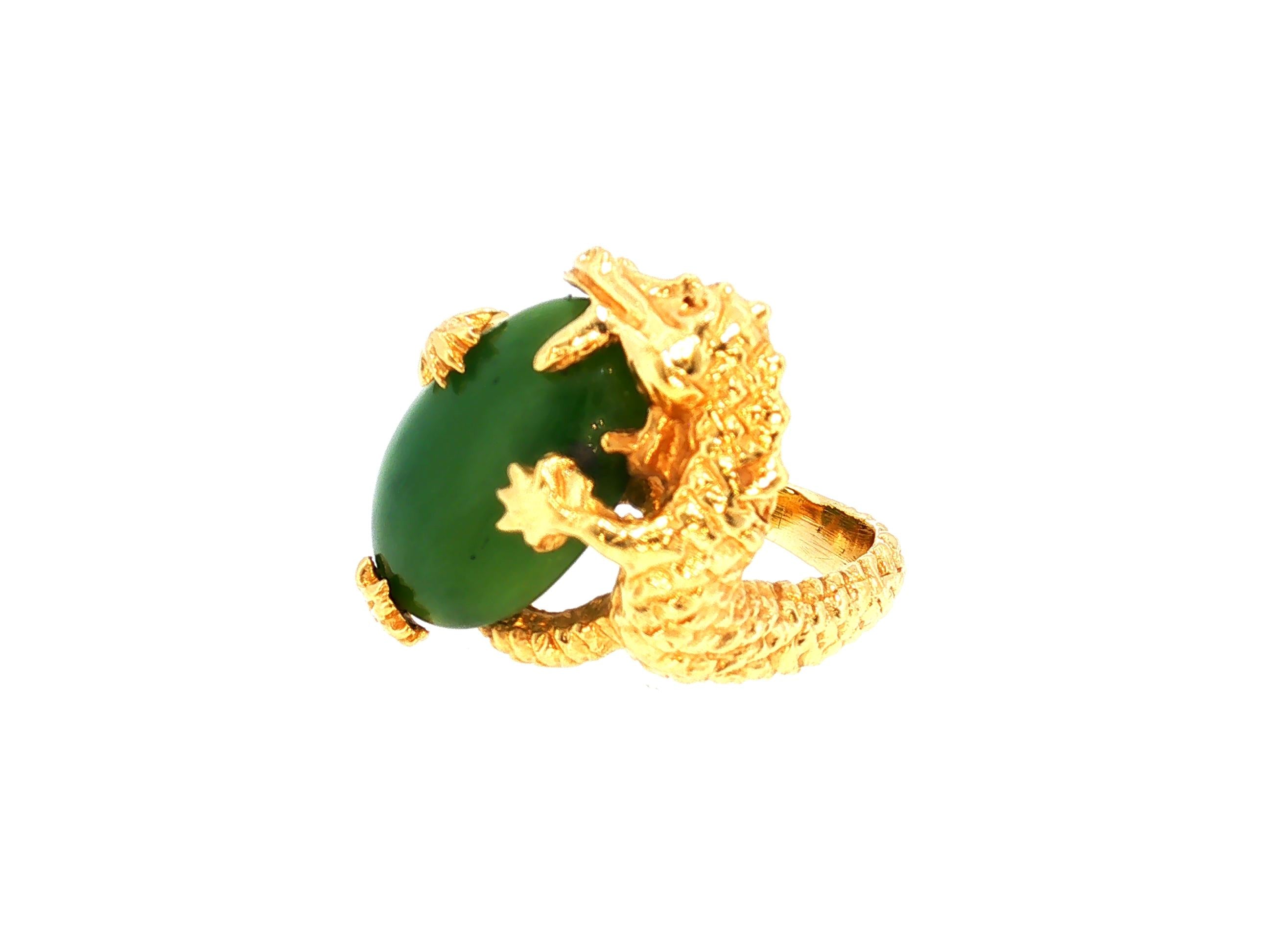 Vintage 14K Yellow Gold Cocktail Ring with 12.7x17.3mm Nephrite Jade Size 7