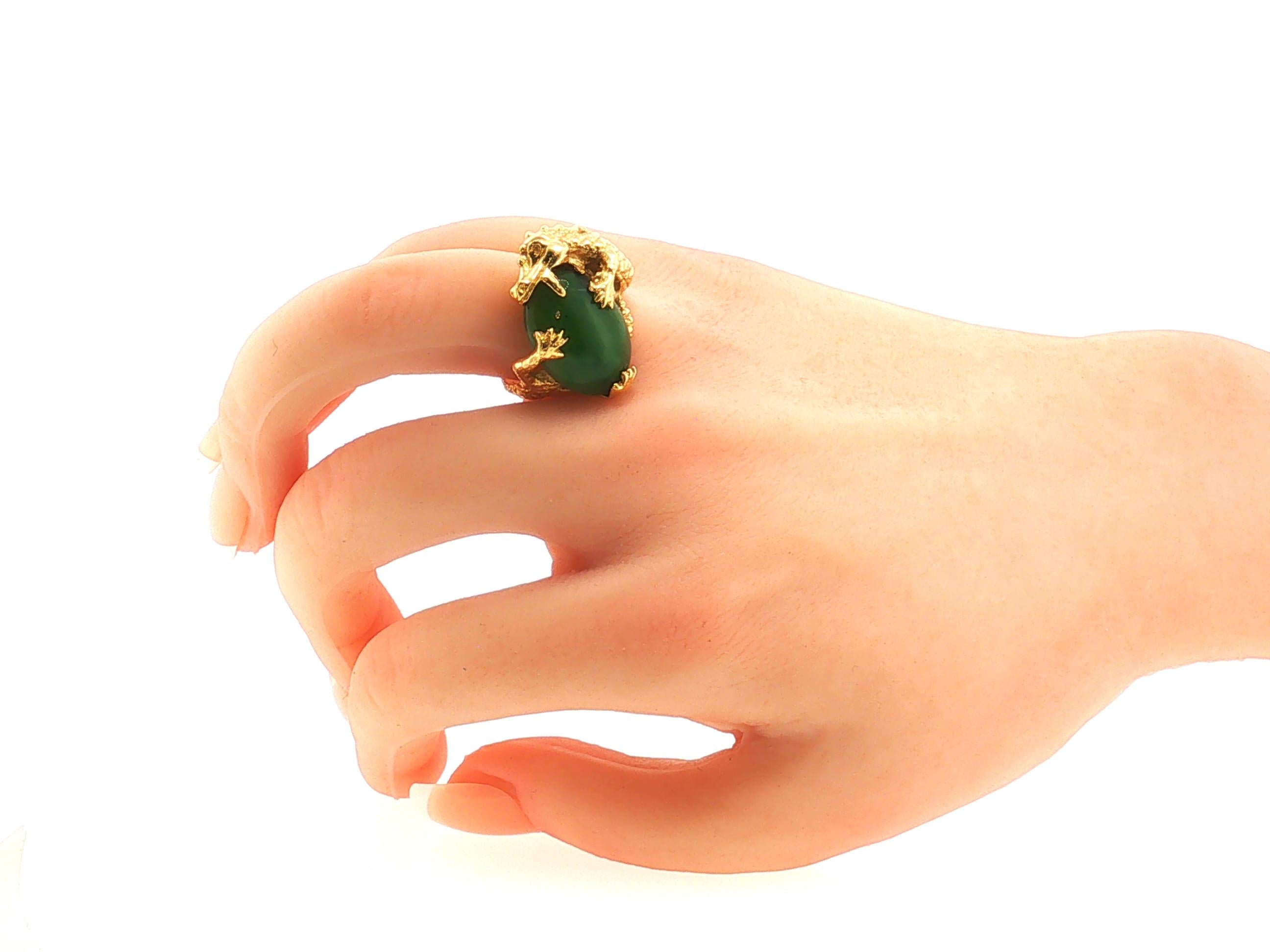 Vintage 14K Yellow Gold Cocktail Ring with 12.7x17.3mm Nephrite Jade Size 7