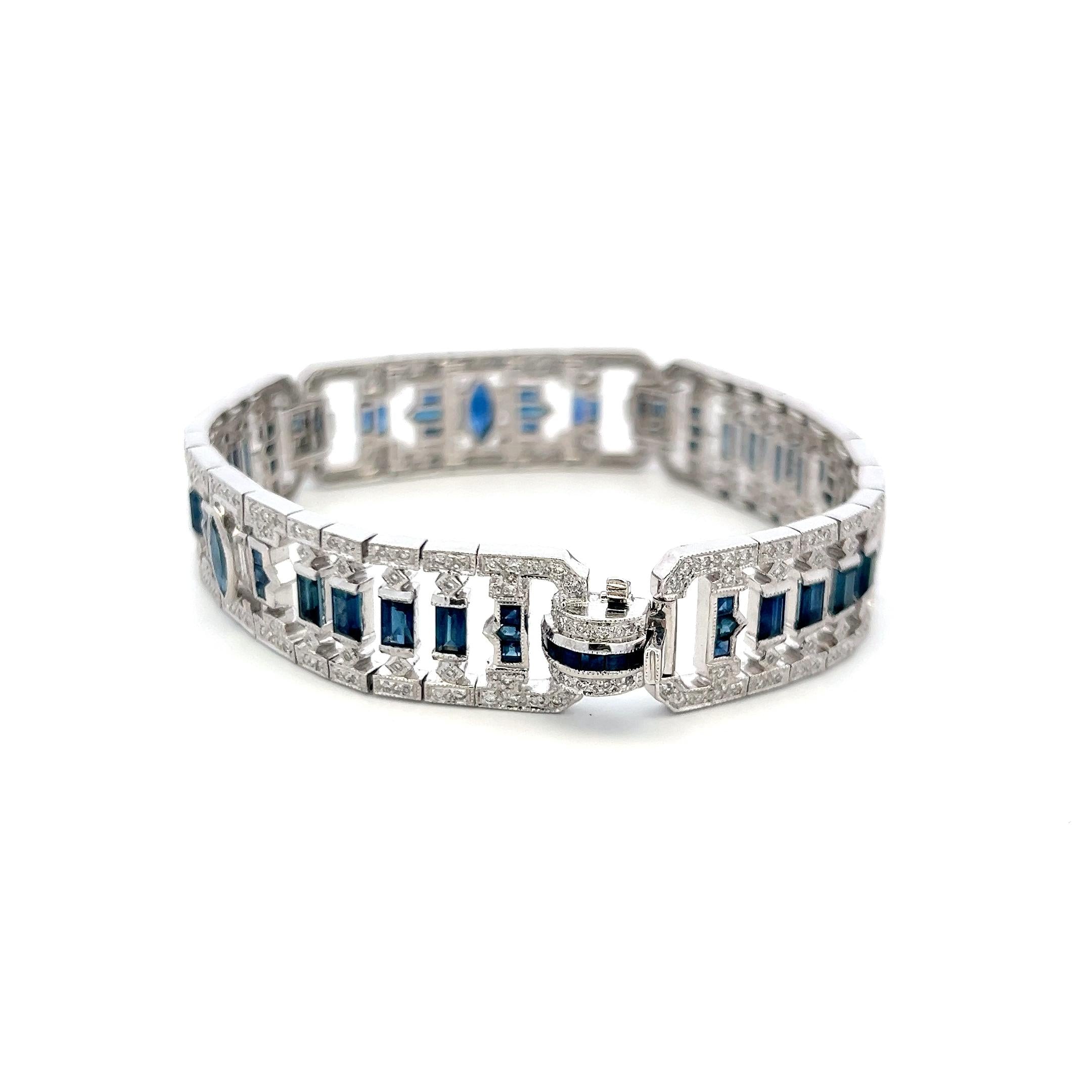 18K White Gold Art-Deco Bracelet with 1.25 Diamonds and 5.5 Carat Sapphires