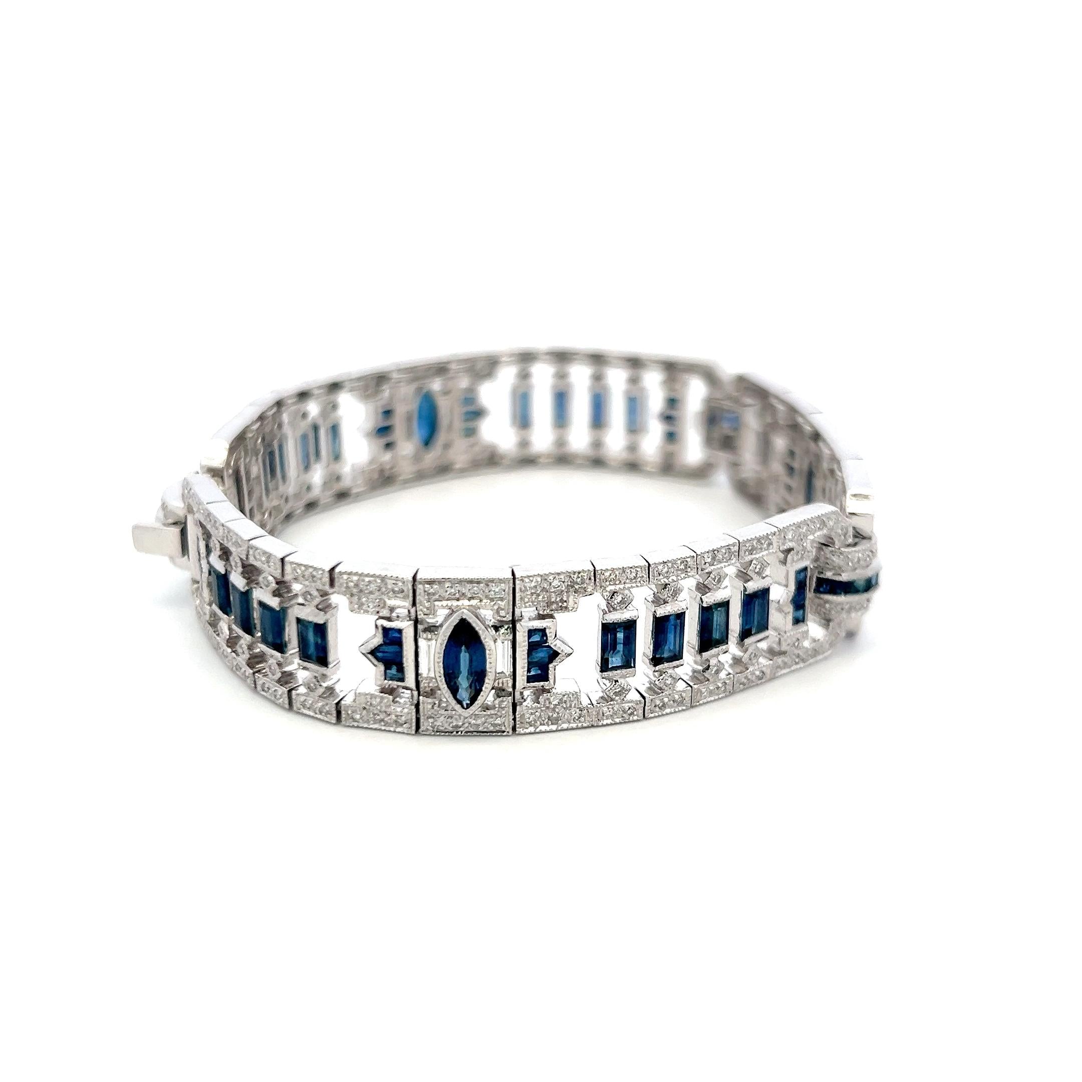 18K White Gold Art-Deco Bracelet with 1.25 Diamonds and 5.5 Carat Sapphires
