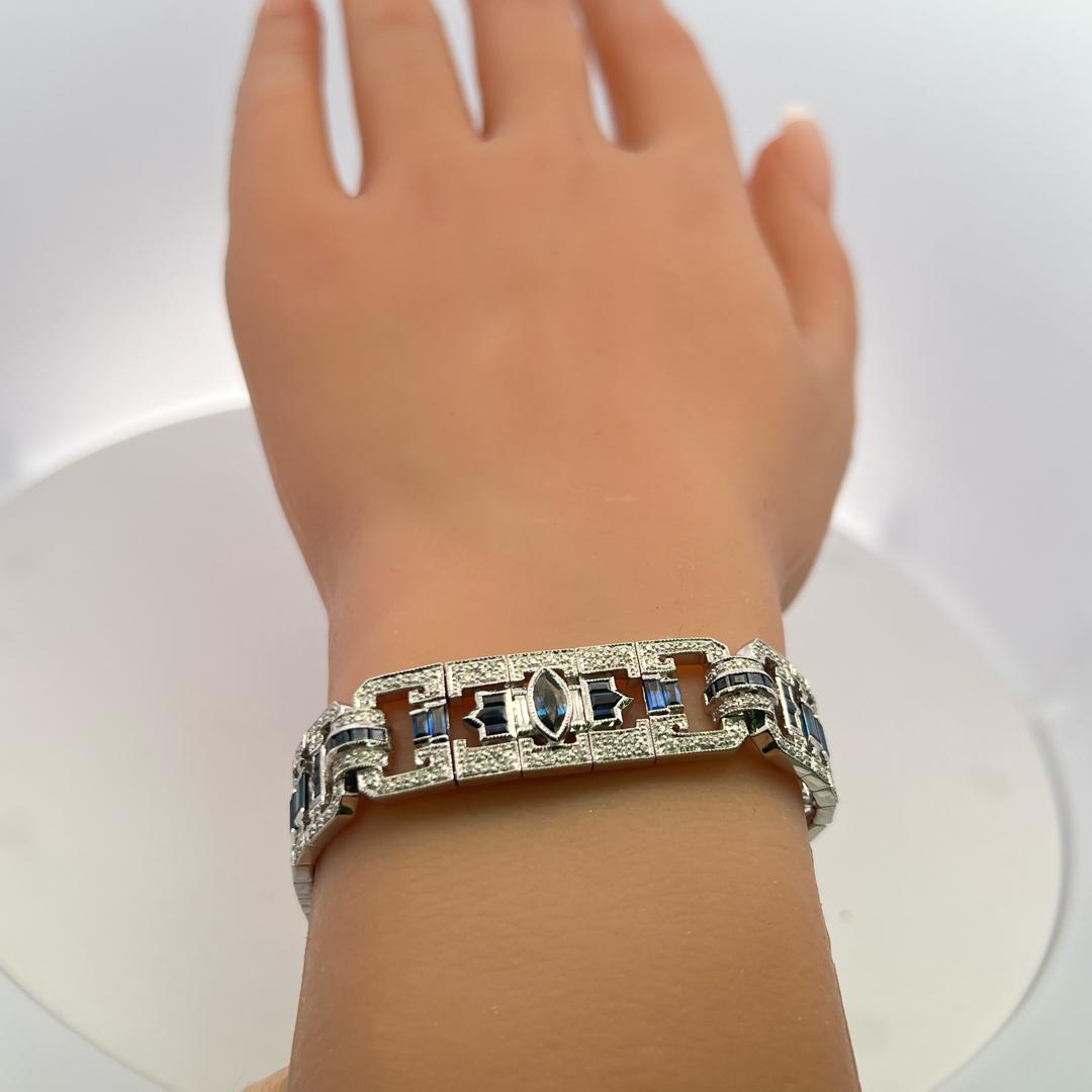 18K White Gold Art-Deco Bracelet with 1.25 Diamonds and 5.5 Carat Sapphires