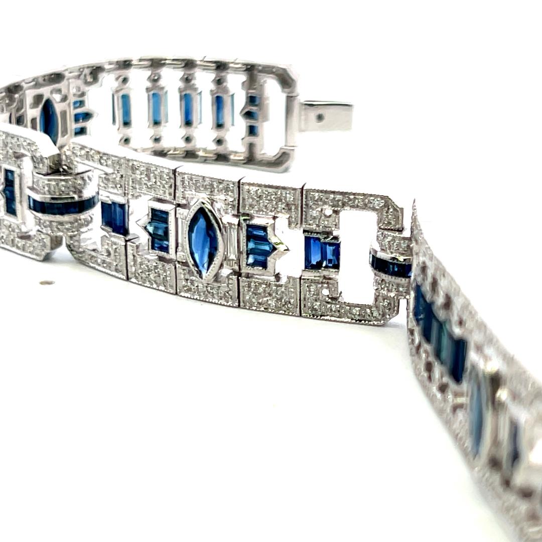 18K White Gold Art-Deco Bracelet with 1.25 Diamonds and 5.5 Carat Sapphires