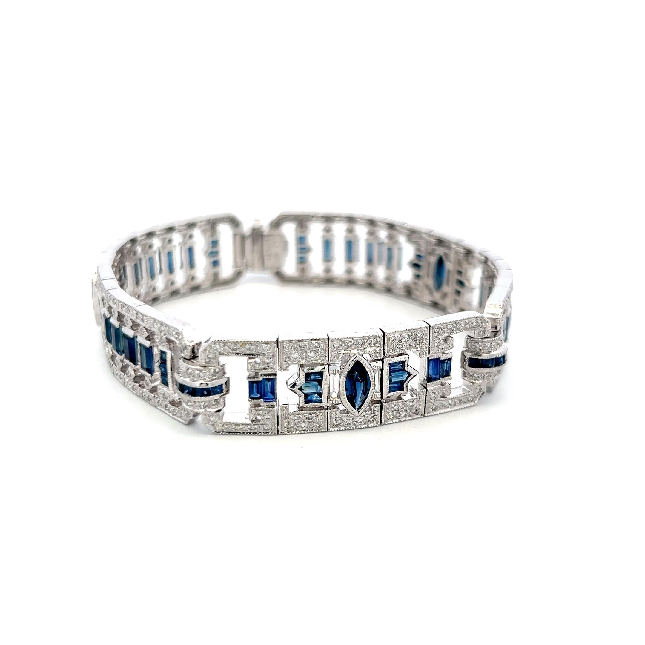 18K White Gold Art-Deco Bracelet with 1.25 Diamonds and 5.5 Carat Sapphires