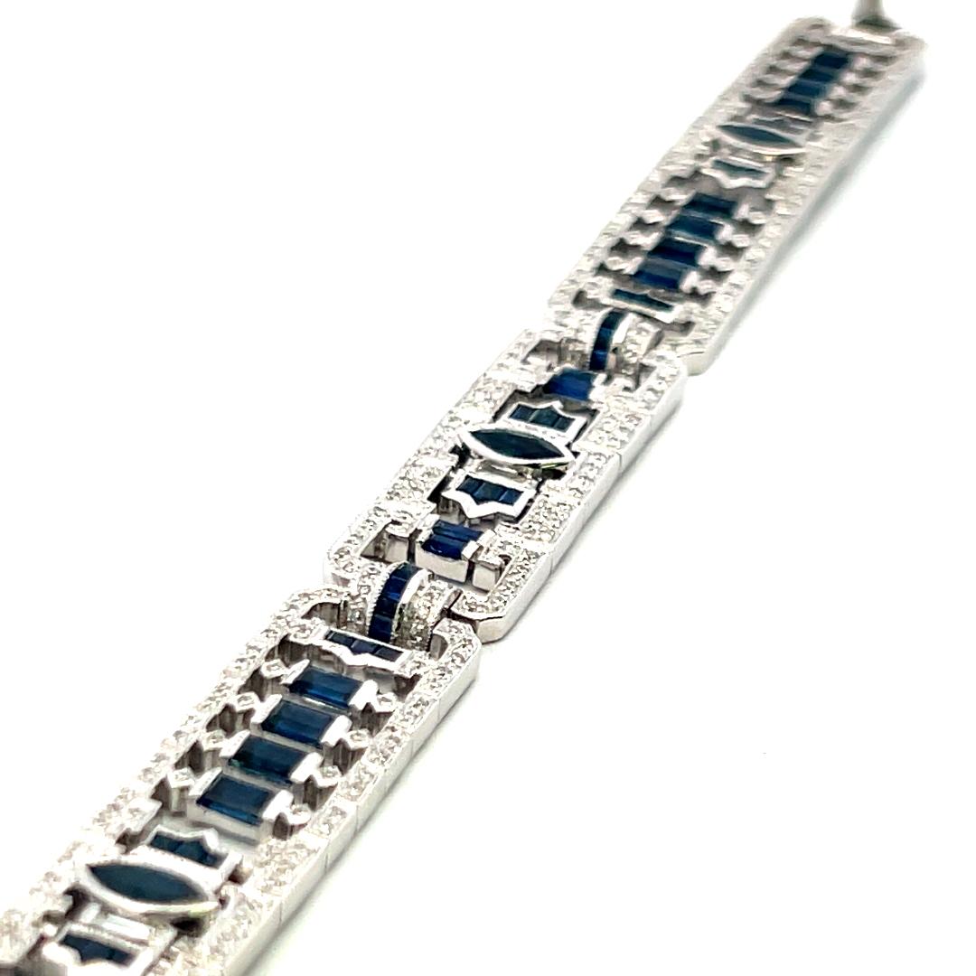 18K White Gold Art-Deco Bracelet with 1.25 Diamonds and 5.5 Carat Sapphires