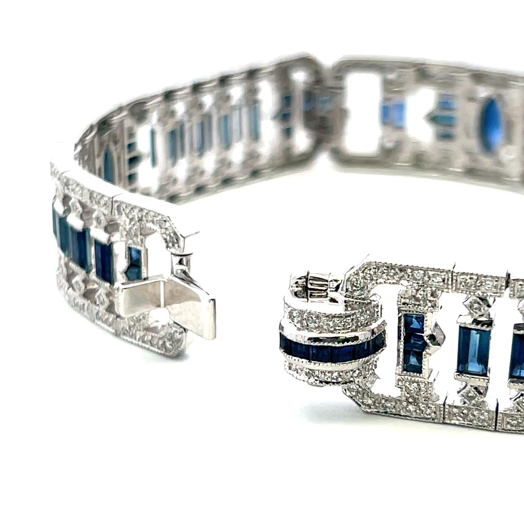 18K White Gold Art-Deco Bracelet with 1.25 Diamonds and 5.5 Carat Sapphires