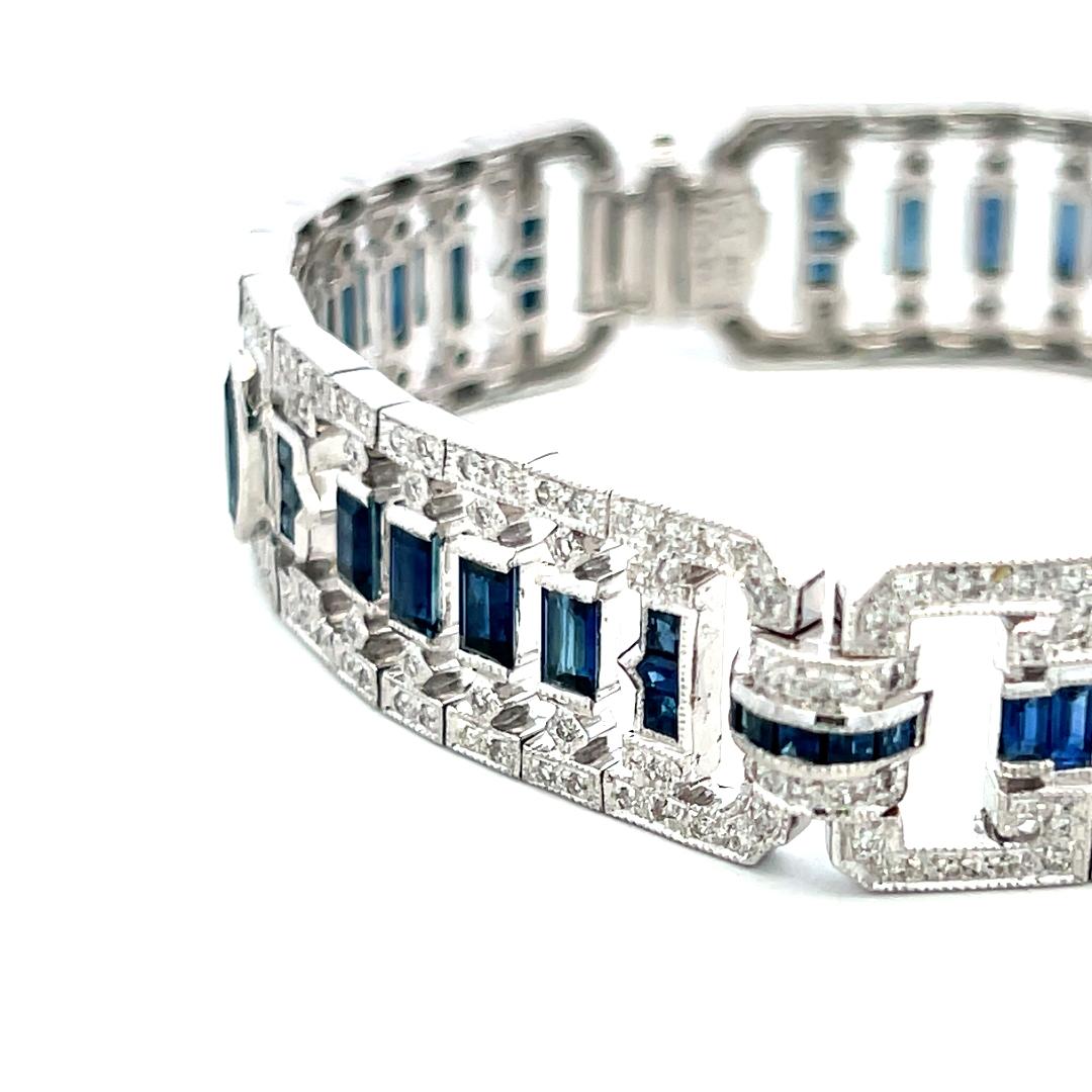 18K White Gold Art-Deco Bracelet with 1.25 Diamonds and 5.5 Carat Sapphires