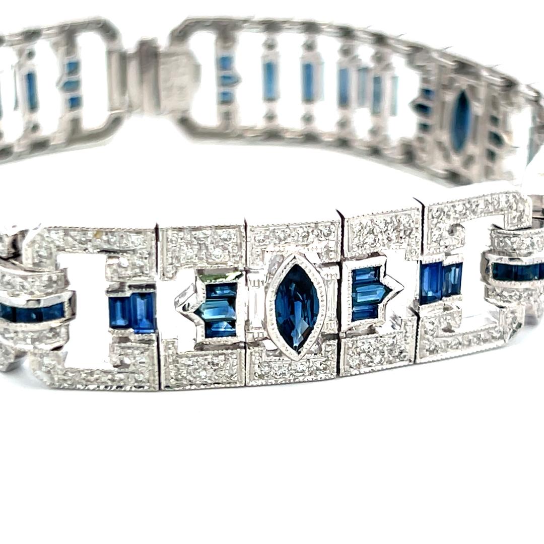 18K White Gold Art-Deco Bracelet with 1.25 Diamonds and 5.5 Carat Sapphires