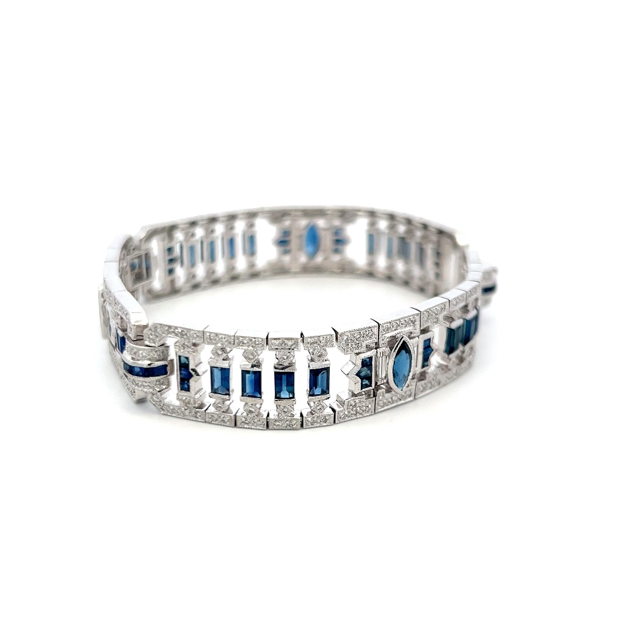 18K White Gold Art-Deco Bracelet with 1.25 Diamonds and 5.5 Carat Sapphires