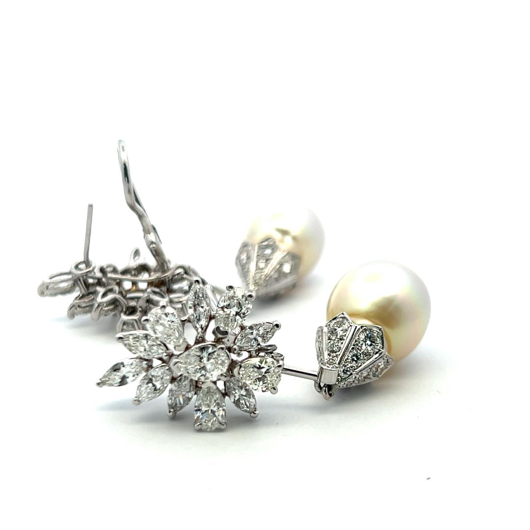 Vintage 14K White Gold Pearl Drop Earrings With 5.8 Carat Mixed Shape Diamonds