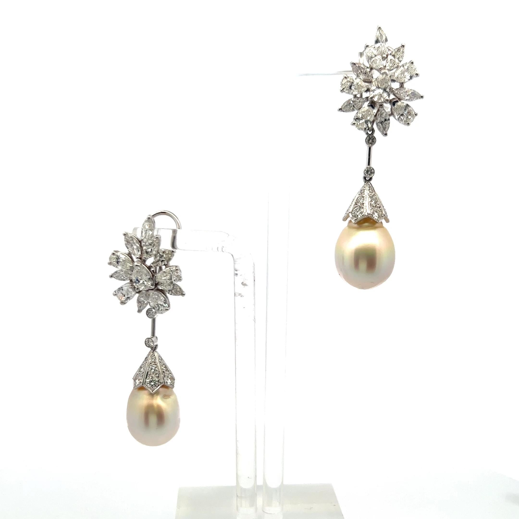 Vintage 14K White Gold Pearl Drop Earrings With 5.8 Carat Mixed Shape Diamonds