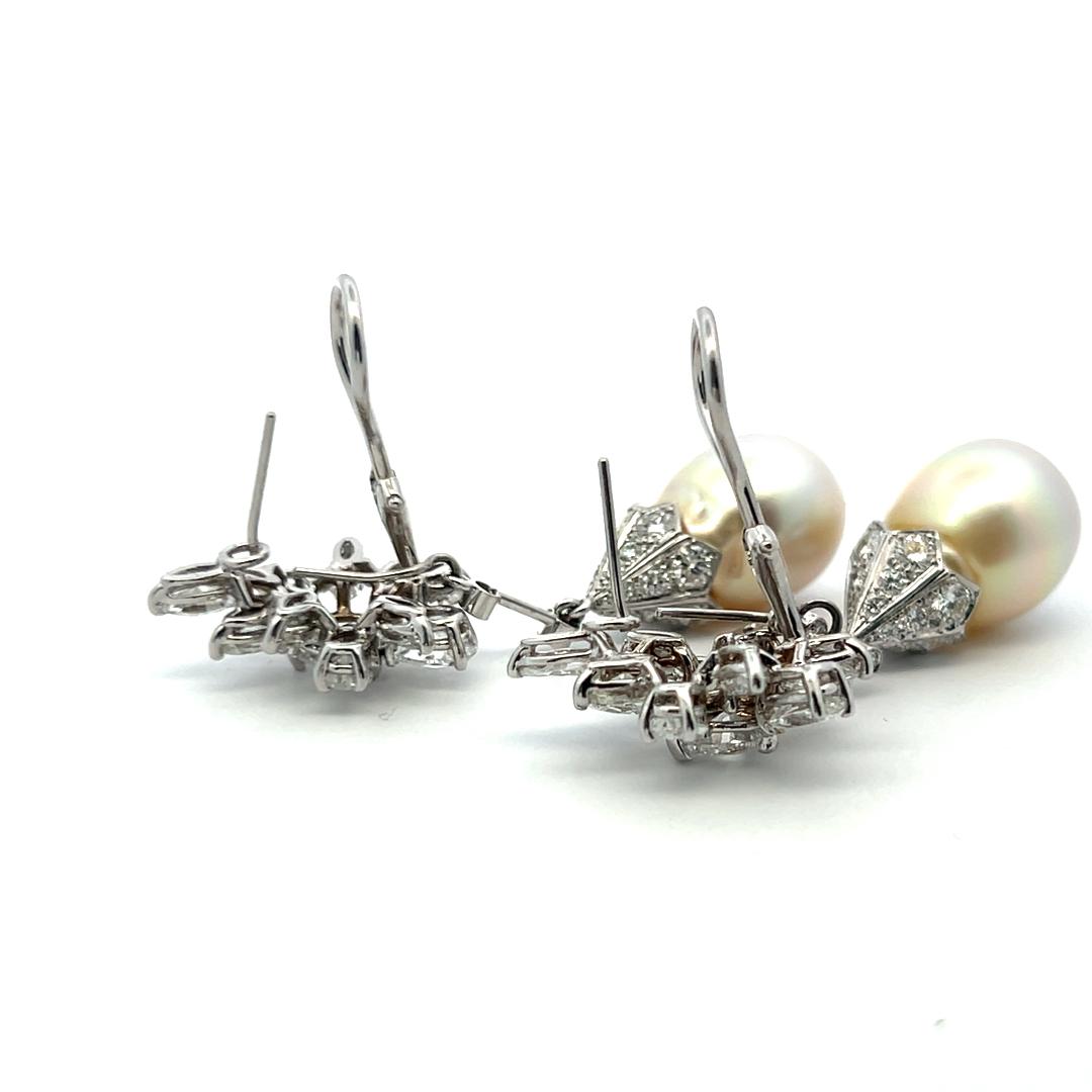 Vintage 14K White Gold Pearl Drop Earrings With 5.8 Carat Mixed Shape Diamonds