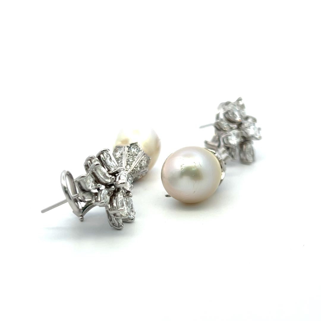 Vintage 14K White Gold Pearl Drop Earrings With 5.8 Carat Mixed Shape Diamonds