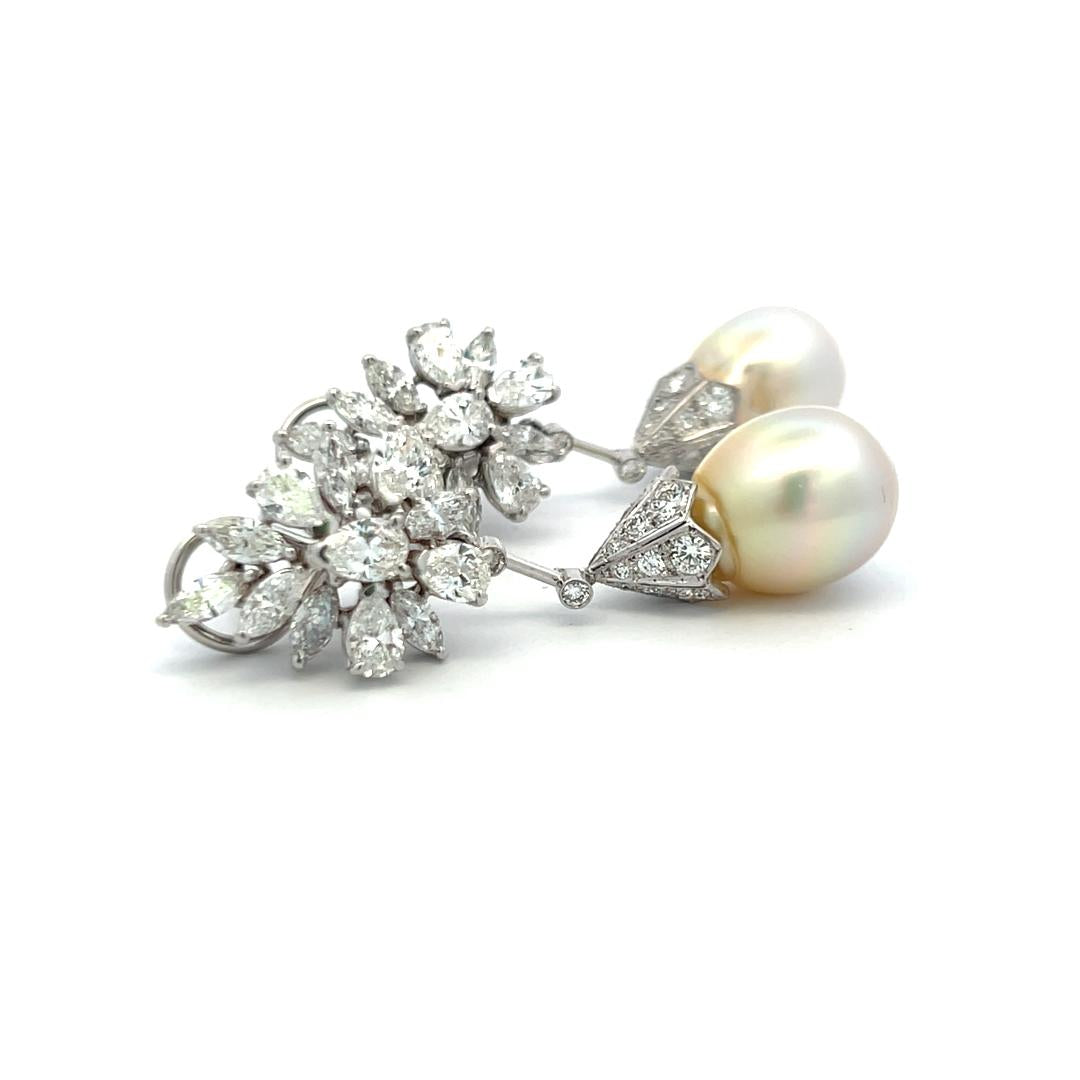 Vintage 14K White Gold Pearl Drop Earrings With 5.8 Carat Mixed Shape Diamonds