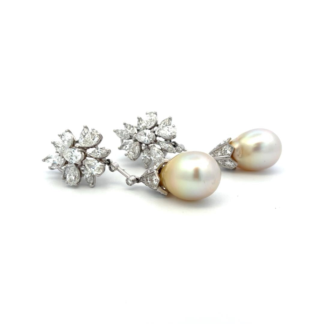 Vintage 14K White Gold Pearl Drop Earrings With 5.8 Carat Mixed Shape Diamonds
