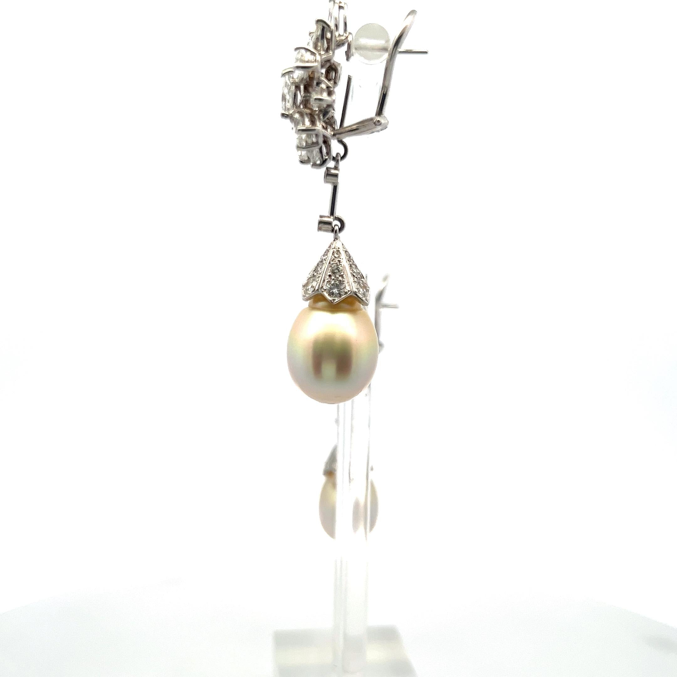 Vintage 14K White Gold Pearl Drop Earrings With 5.8 Carat Mixed Shape Diamonds