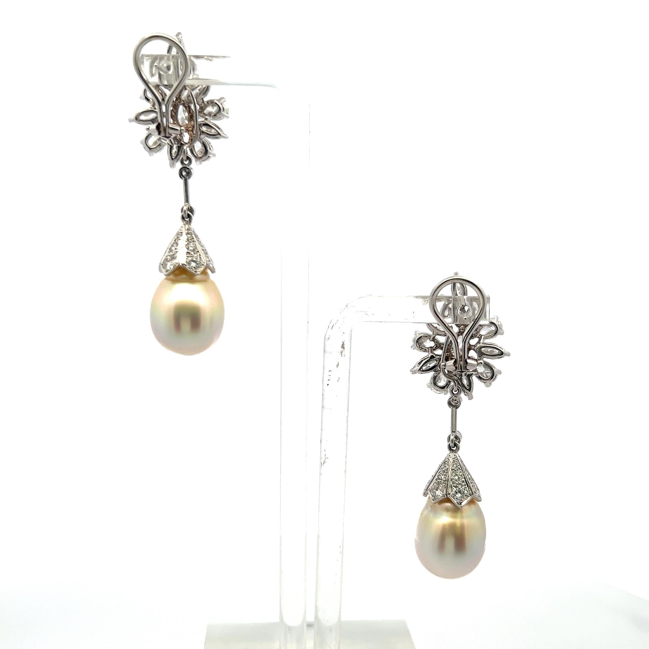 Vintage 14K White Gold Pearl Drop Earrings With 5.8 Carat Mixed Shape Diamonds