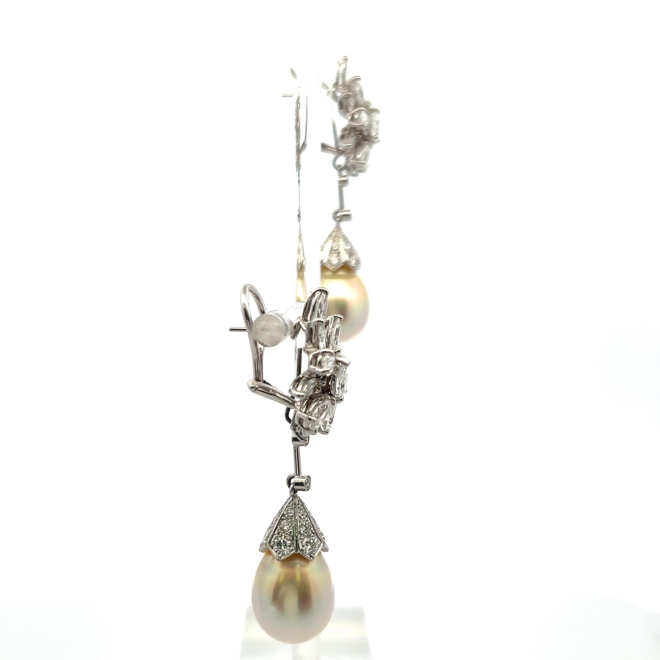 Vintage 14K White Gold Pearl Drop Earrings With 5.8 Carat Mixed Shape Diamonds