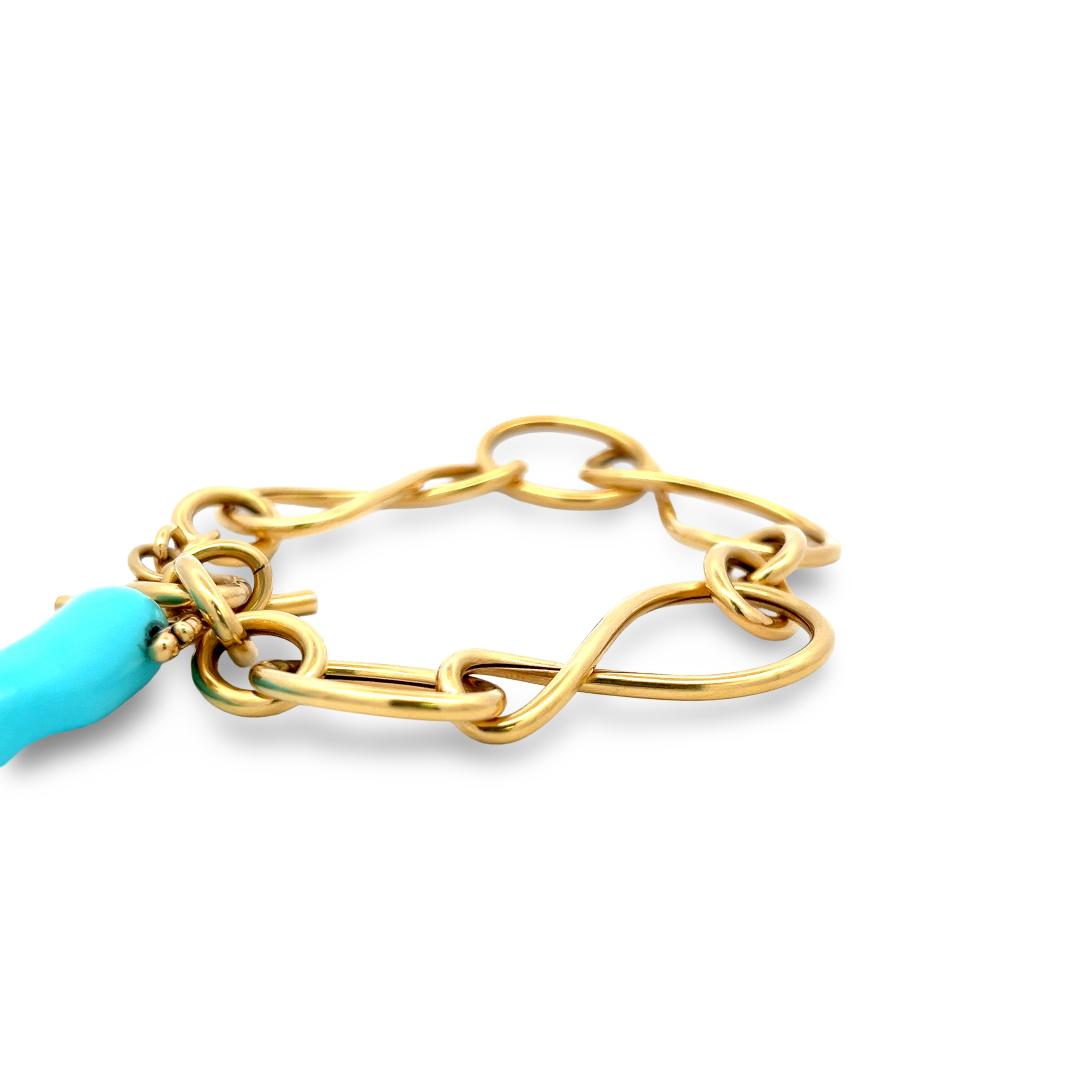 Vintage 18K Yellow Gold Link Bracelet with 9.5x40.7 MM Turquoise 23.8g