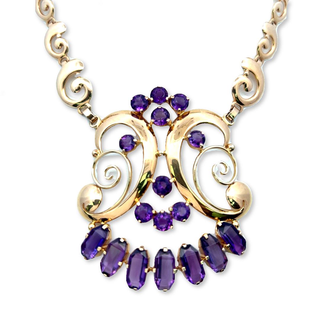 Vintage 14K YG Pendant Necklace and Bracelet Set with 22 Carat Amethysts