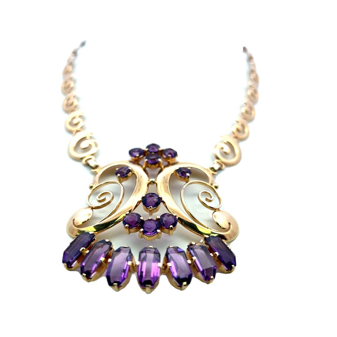 Vintage 14K YG Pendant Necklace and Bracelet Set with 22 Carat Amethysts