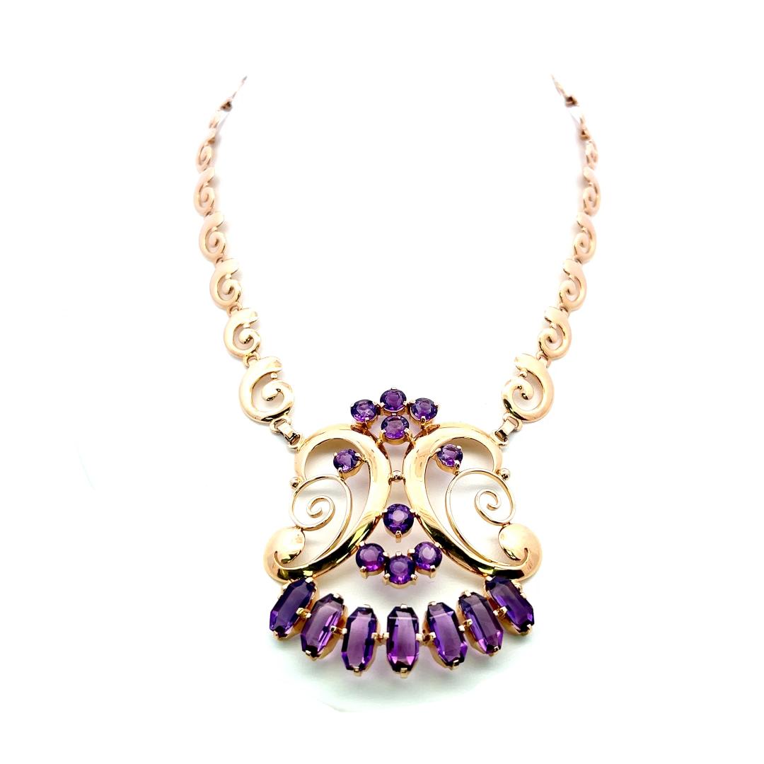 Vintage 14K YG Pendant Necklace and Bracelet Set with 22 Carat Amethysts