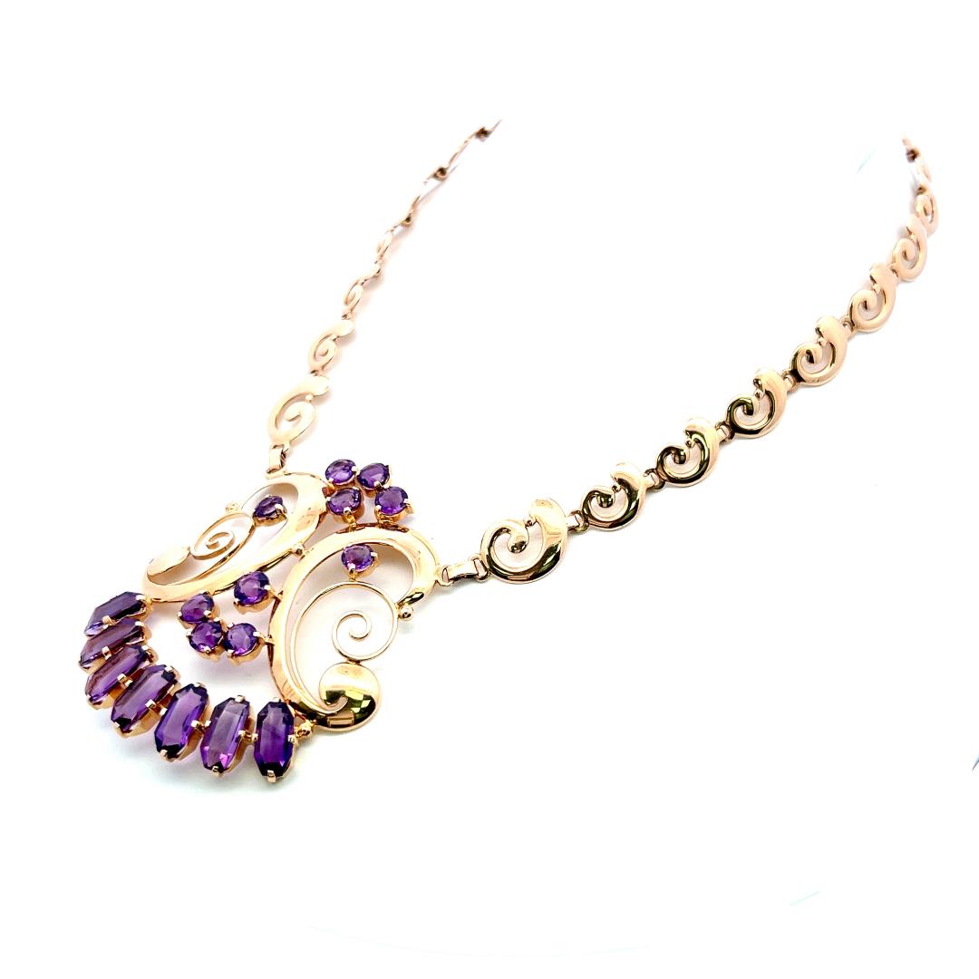 Vintage 14K YG Pendant Necklace and Bracelet Set with 22 Carat Amethysts