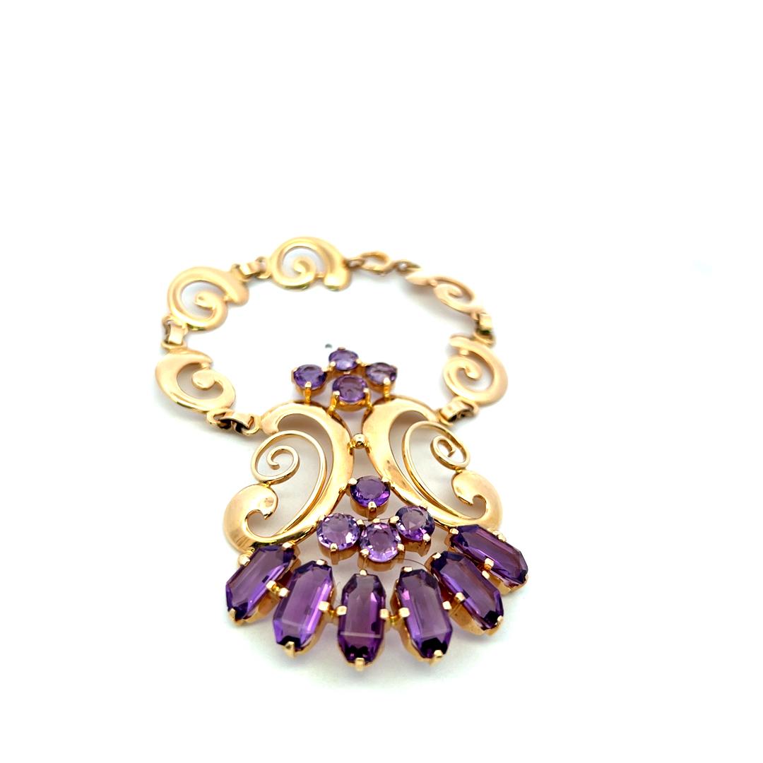 Vintage 14K YG Pendant Necklace and Bracelet Set with 22 Carat Amethysts