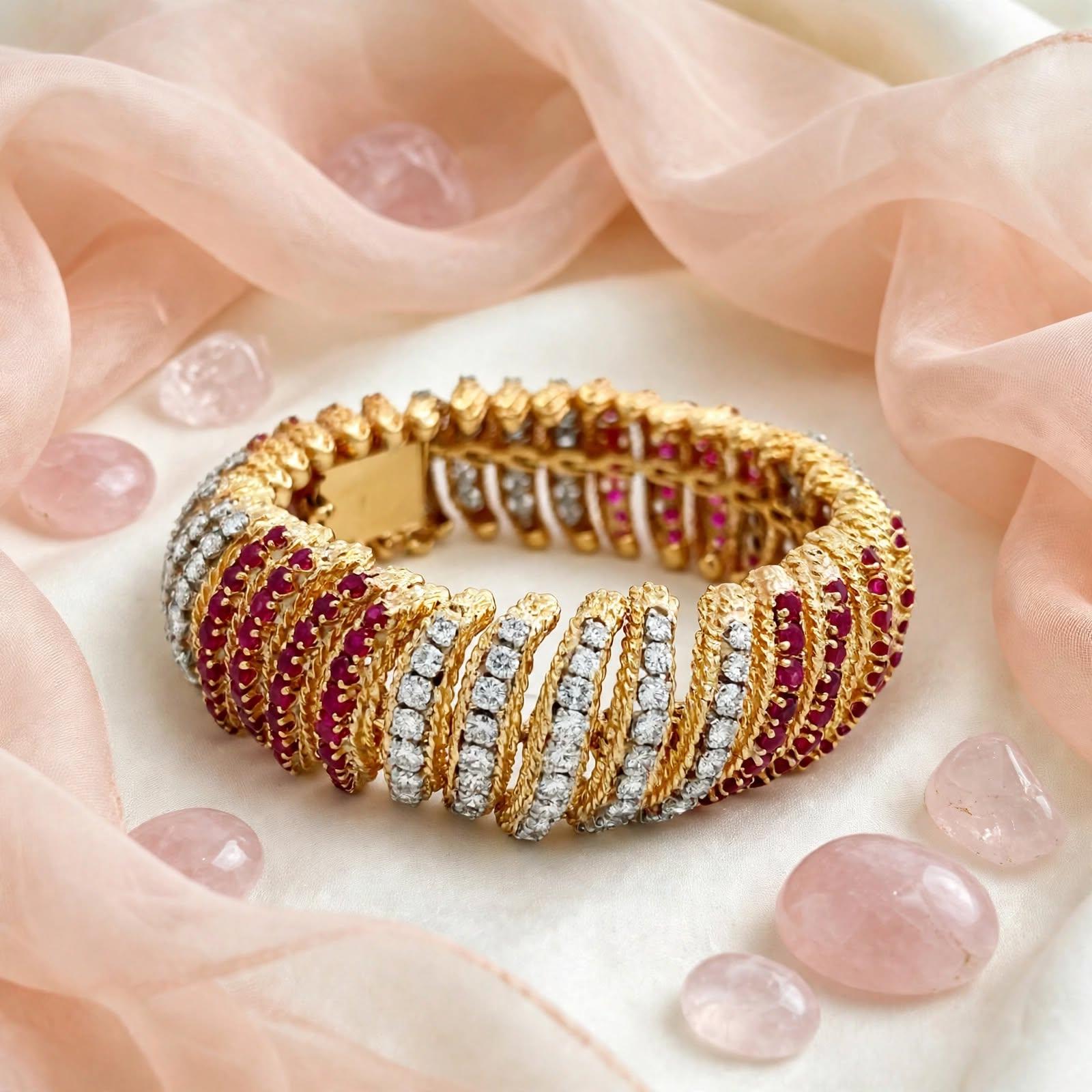 Vintage 18K Yellow Gold Link Bracelet with 6.5ct Round G VS Diamond & 6.5ct Ruby
