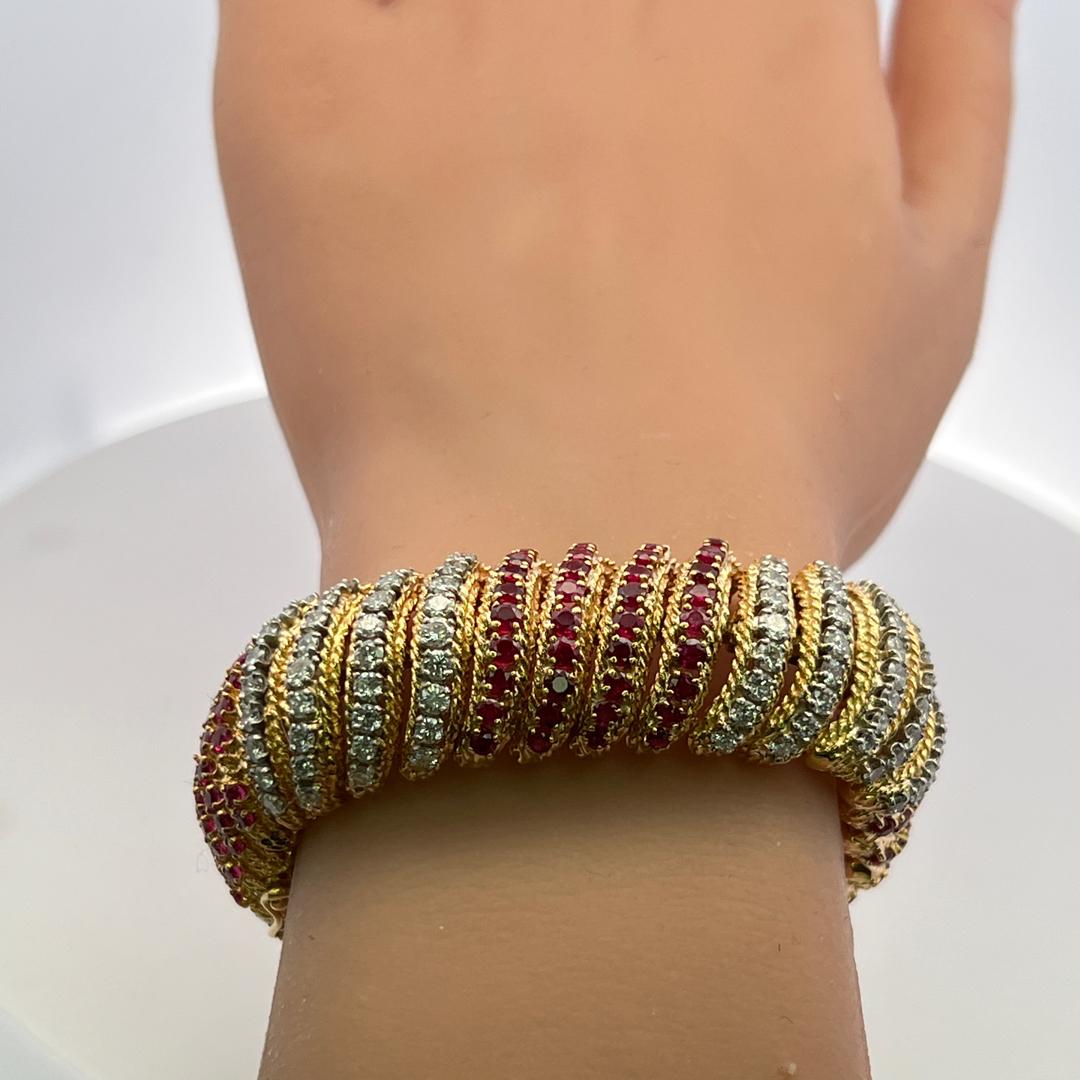 Vintage 18K Yellow Gold Link Bracelet with 6.5ct Round G VS Diamond & 6.5ct Ruby