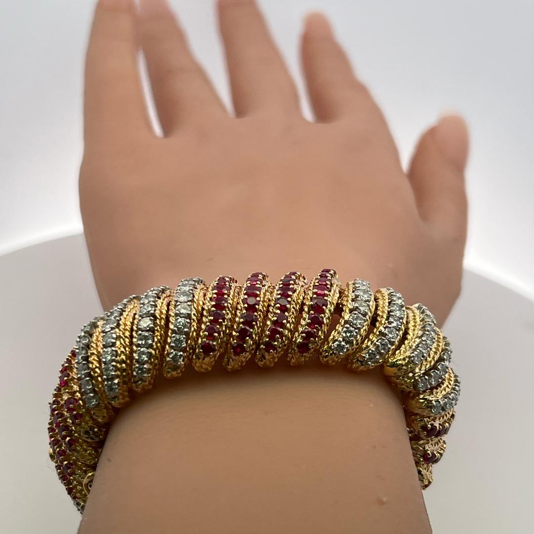 Vintage 18K Yellow Gold Link Bracelet with 6.5ct Round G VS Diamond & 6.5ct Ruby