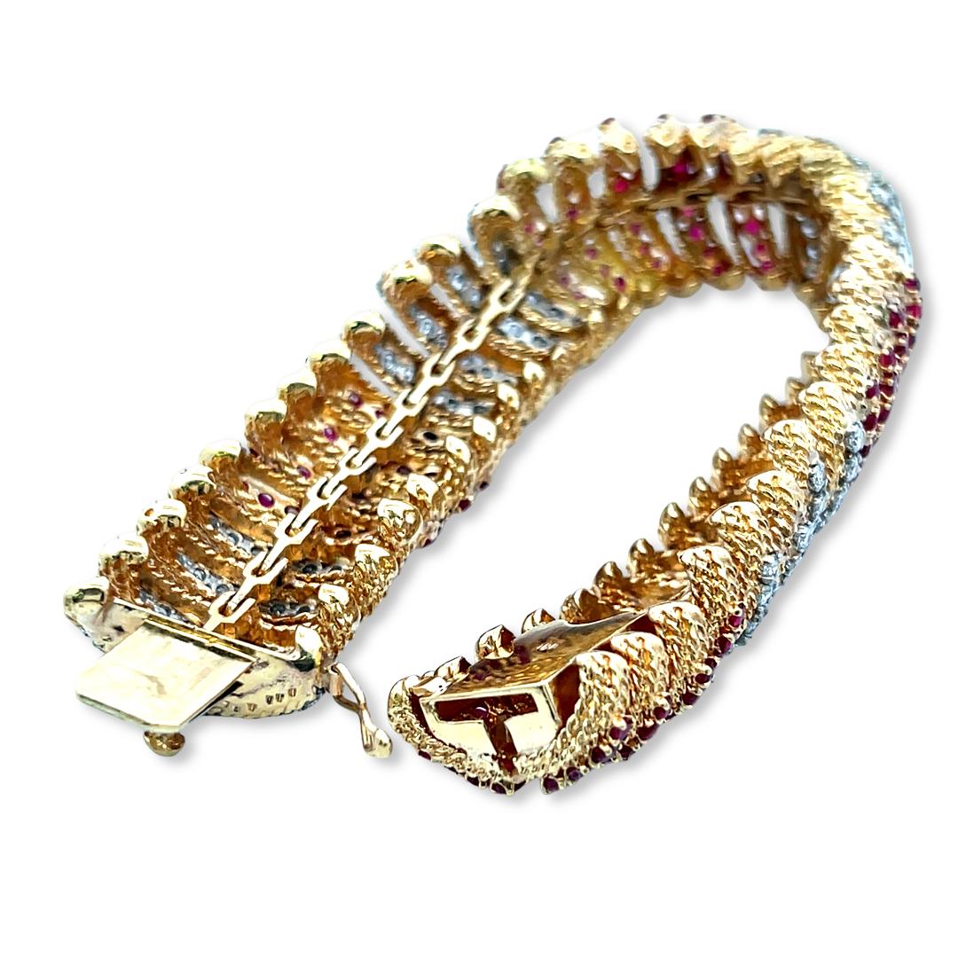 Vintage 18K Yellow Gold Link Bracelet with 6.5ct Round G VS Diamond & 6.5ct Ruby