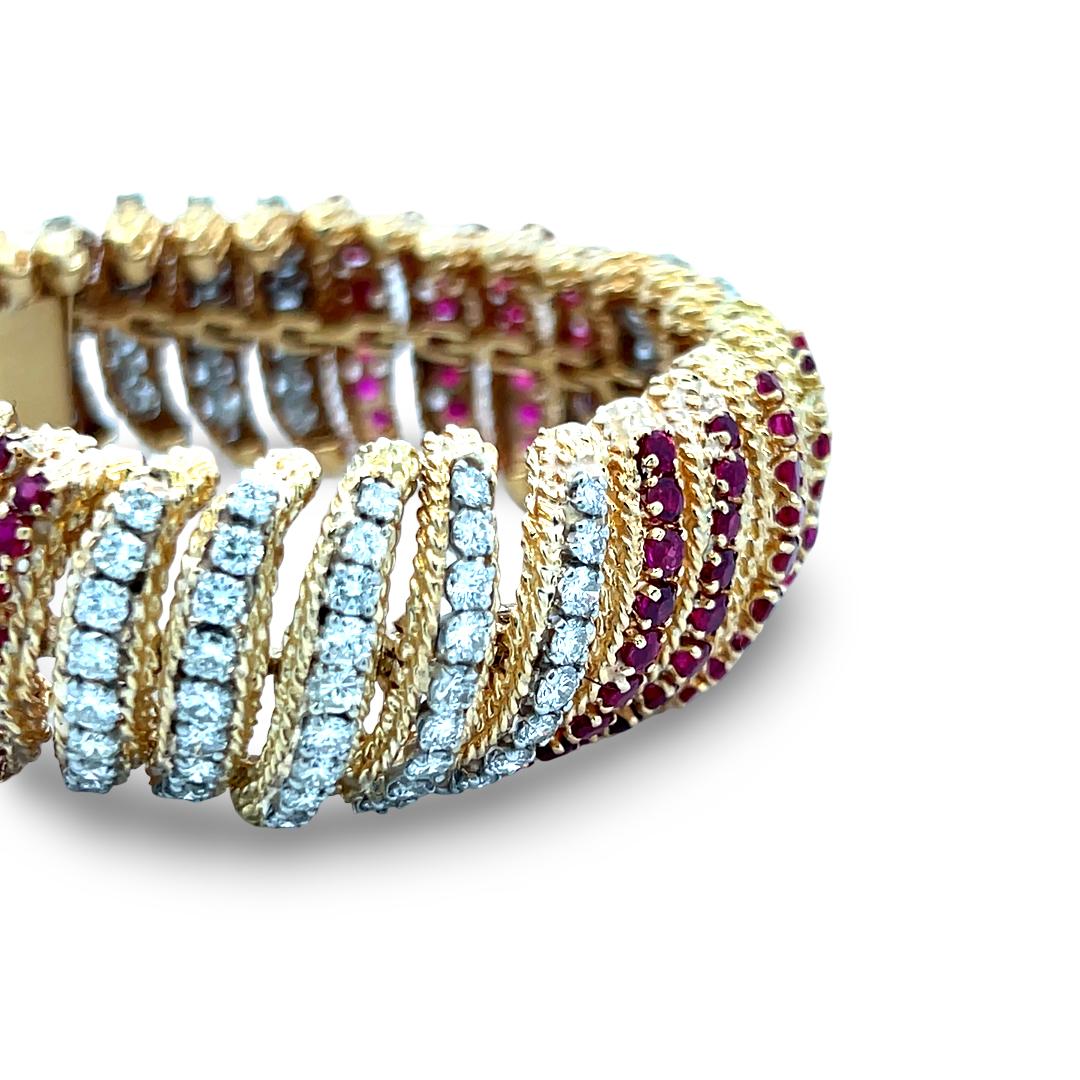 Vintage 18K Yellow Gold Link Bracelet with 6.5ct Round G VS Diamond & 6.5ct Ruby