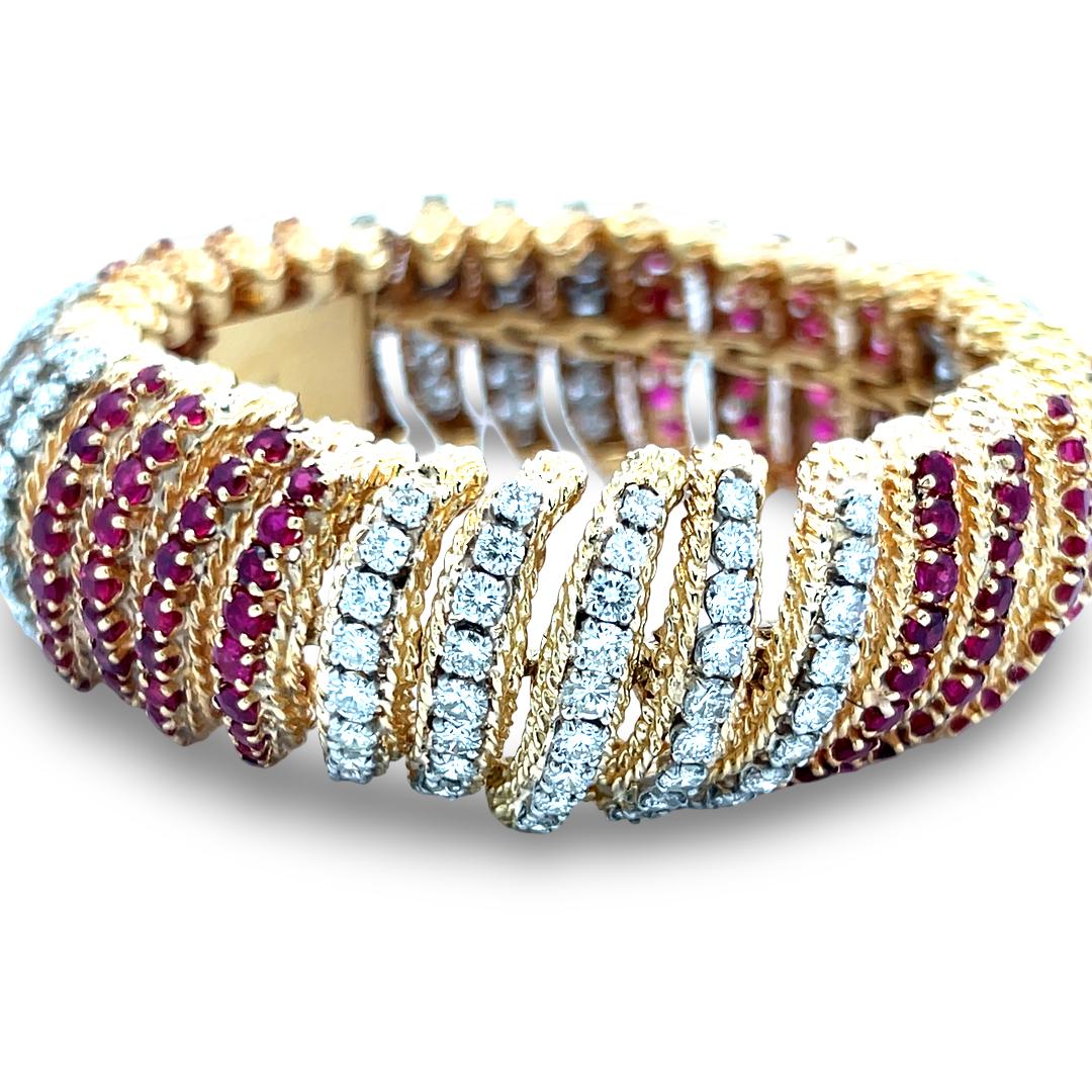 Vintage 18K Yellow Gold Link Bracelet with 6.5ct Round G VS Diamond & 6.5ct Ruby