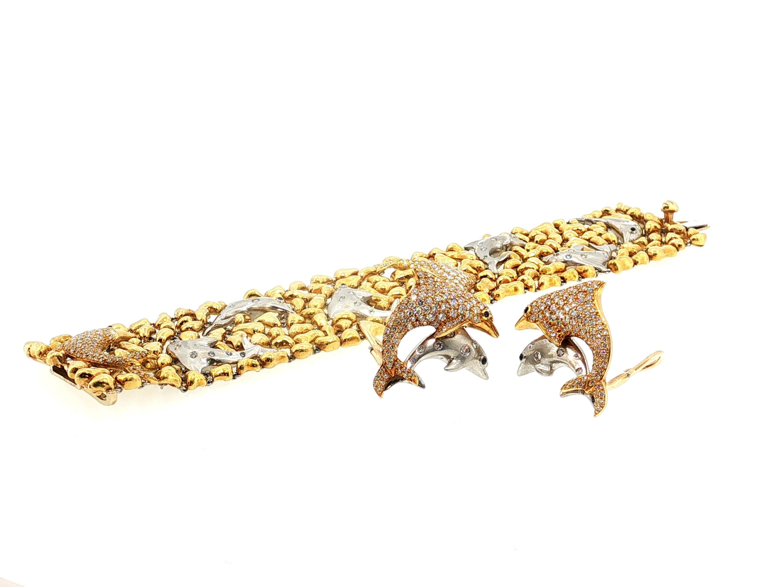 Julius Cohen 18K Gold Dolphin Clip-On Earrings Link Bracelet Set 8.2ct Diamond