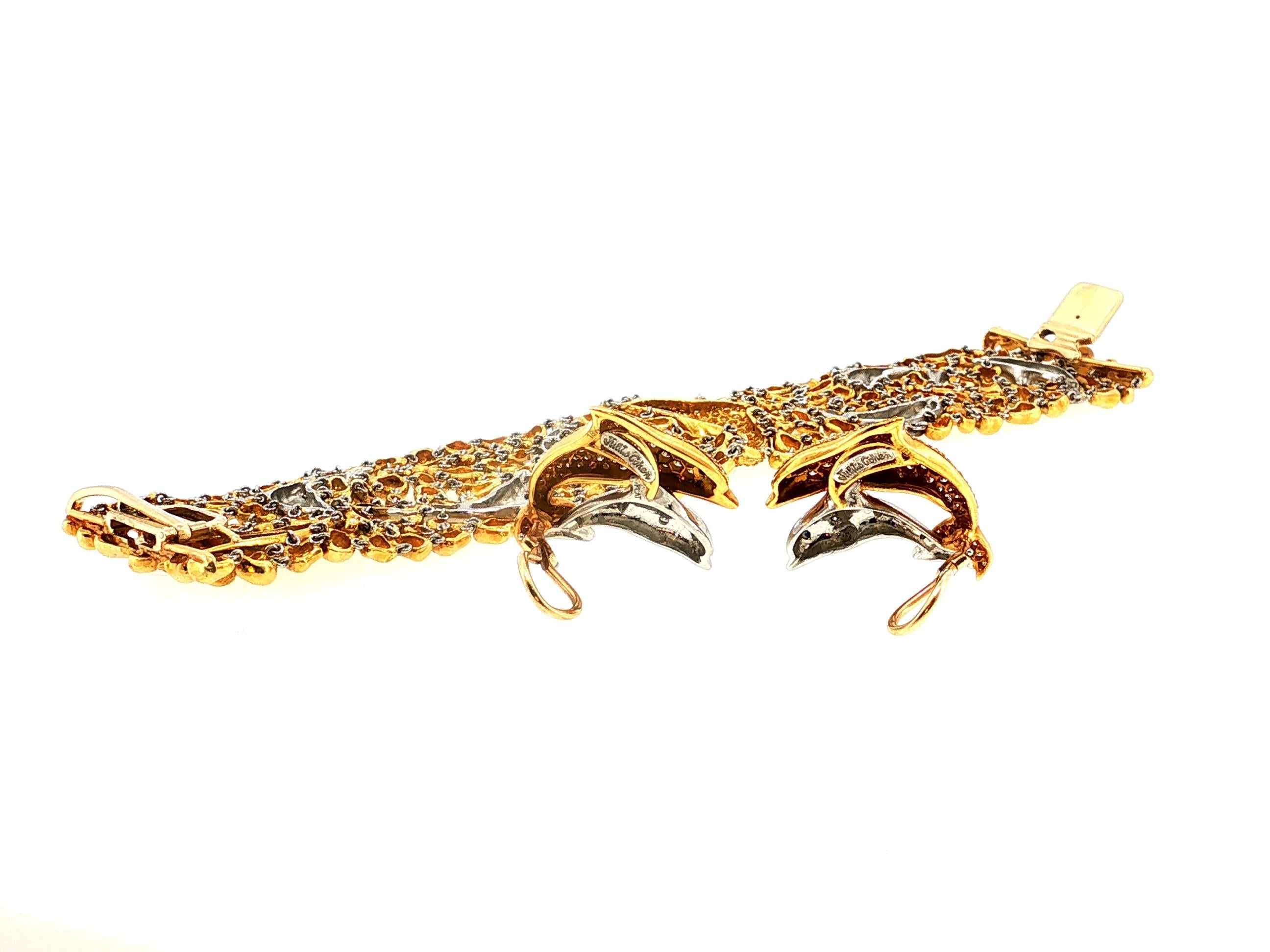 Julius Cohen 18K Gold Dolphin Clip-On Earrings Link Bracelet Set 8.2ct Diamond