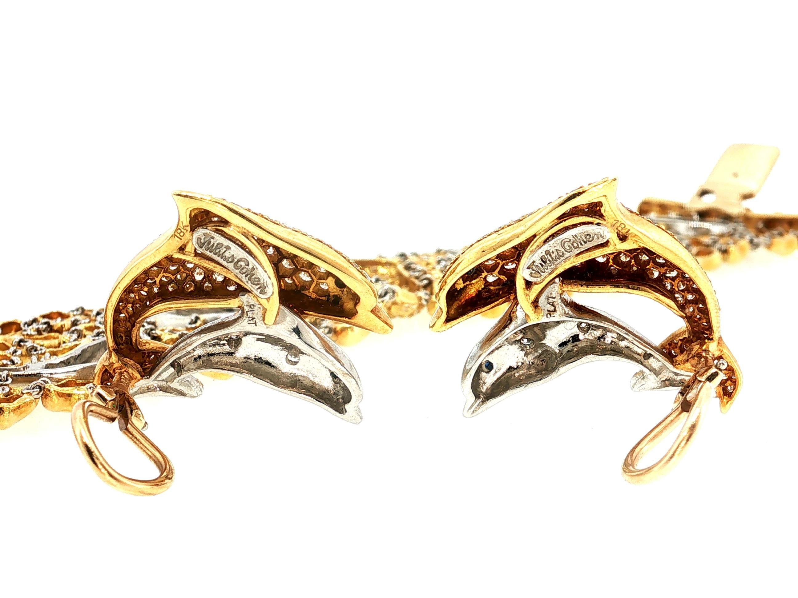 Julius Cohen 18K Gold Dolphin Clip-On Earrings Link Bracelet Set 8.2ct Diamond