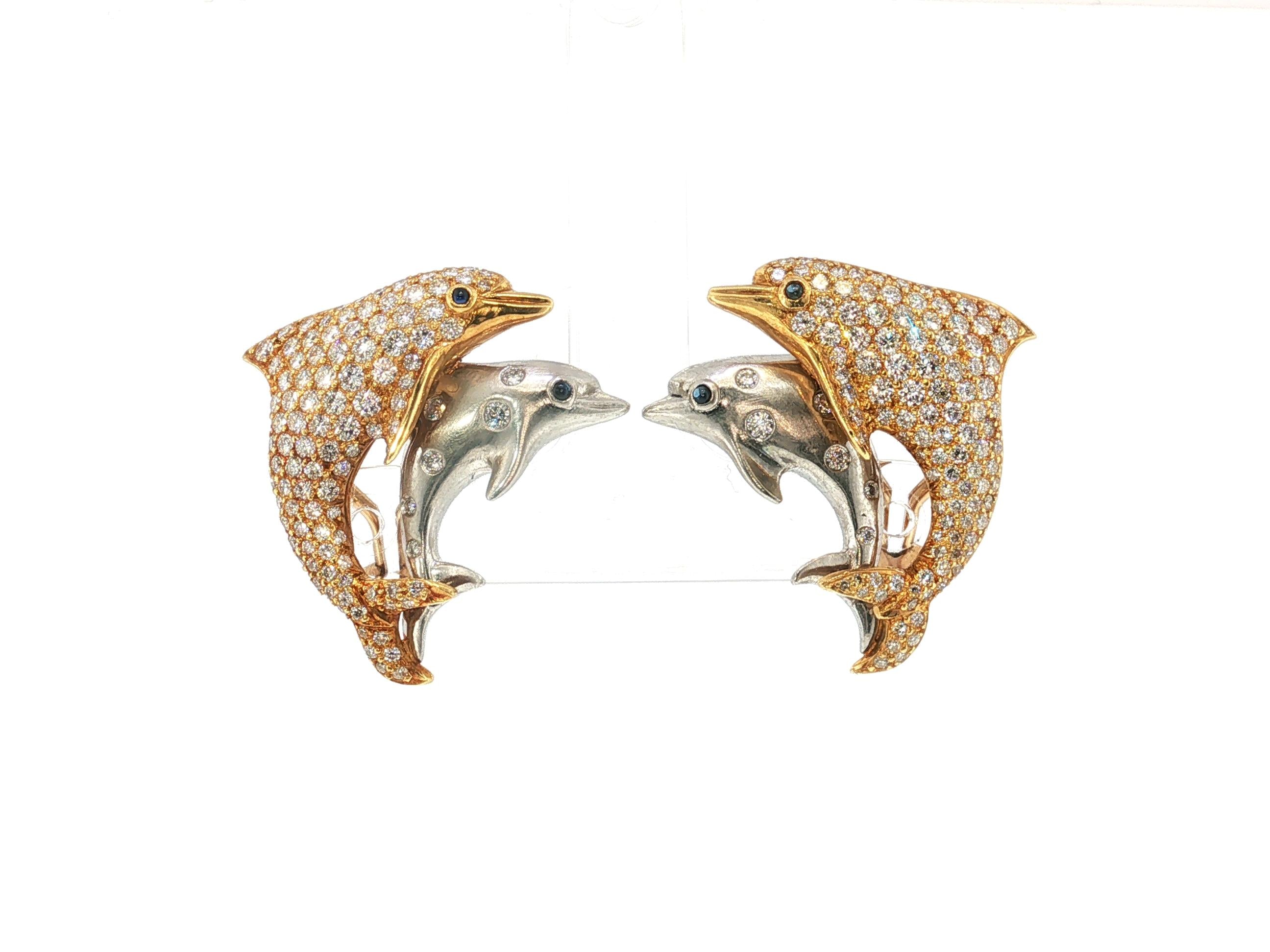 Julius Cohen 18K Gold Dolphin Clip-On Earrings Link Bracelet Set 8.2ct Diamond